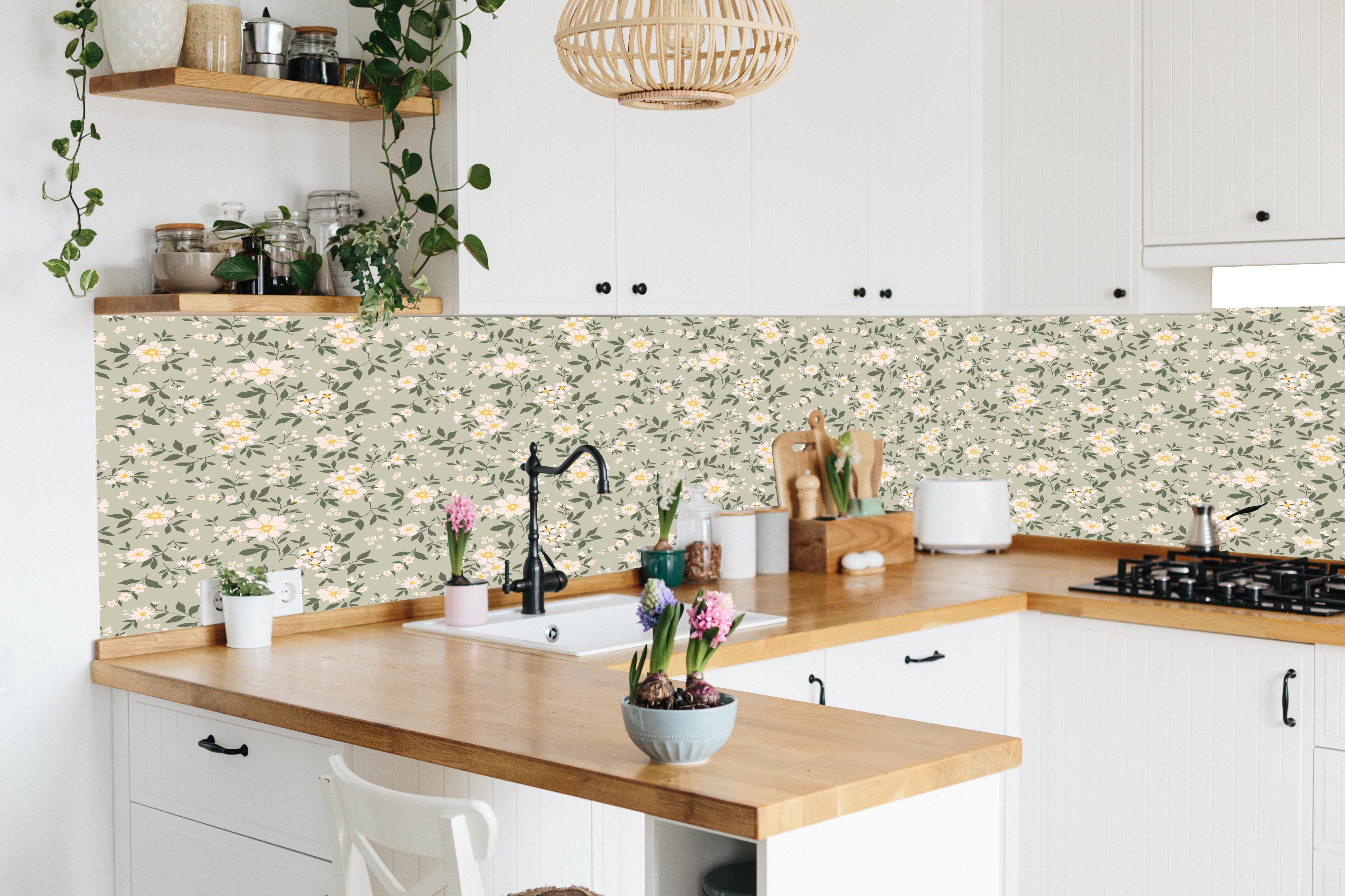 Küche - Vintage Ditsy Blumenmuster Grün-Beige in lebendiger Küche mit bunten Blumen