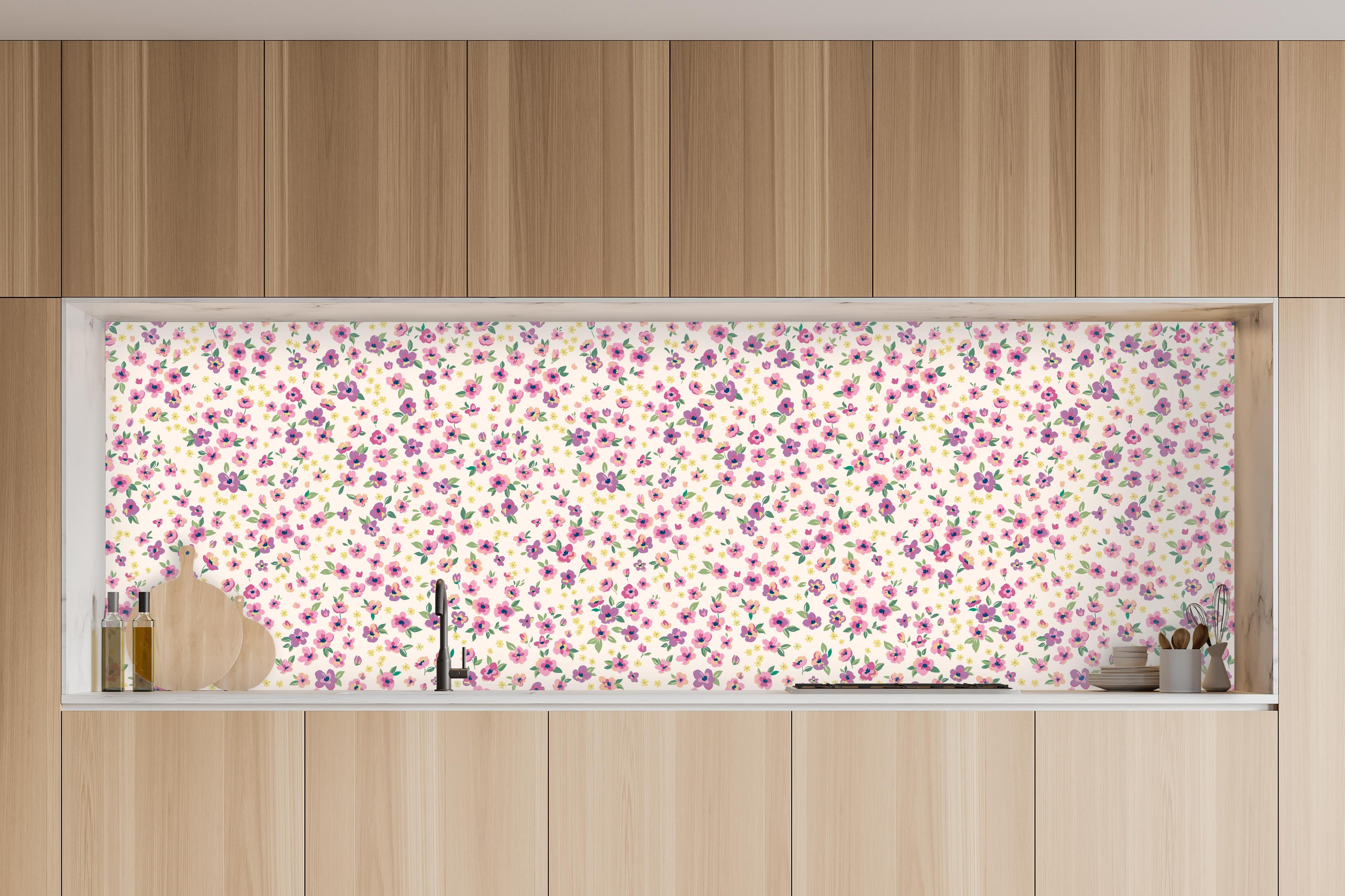 Küche - Vintage Ditsy Blumenmuster Rosa in charakteristischer Vollholz-Küche mit modernem Gasherd