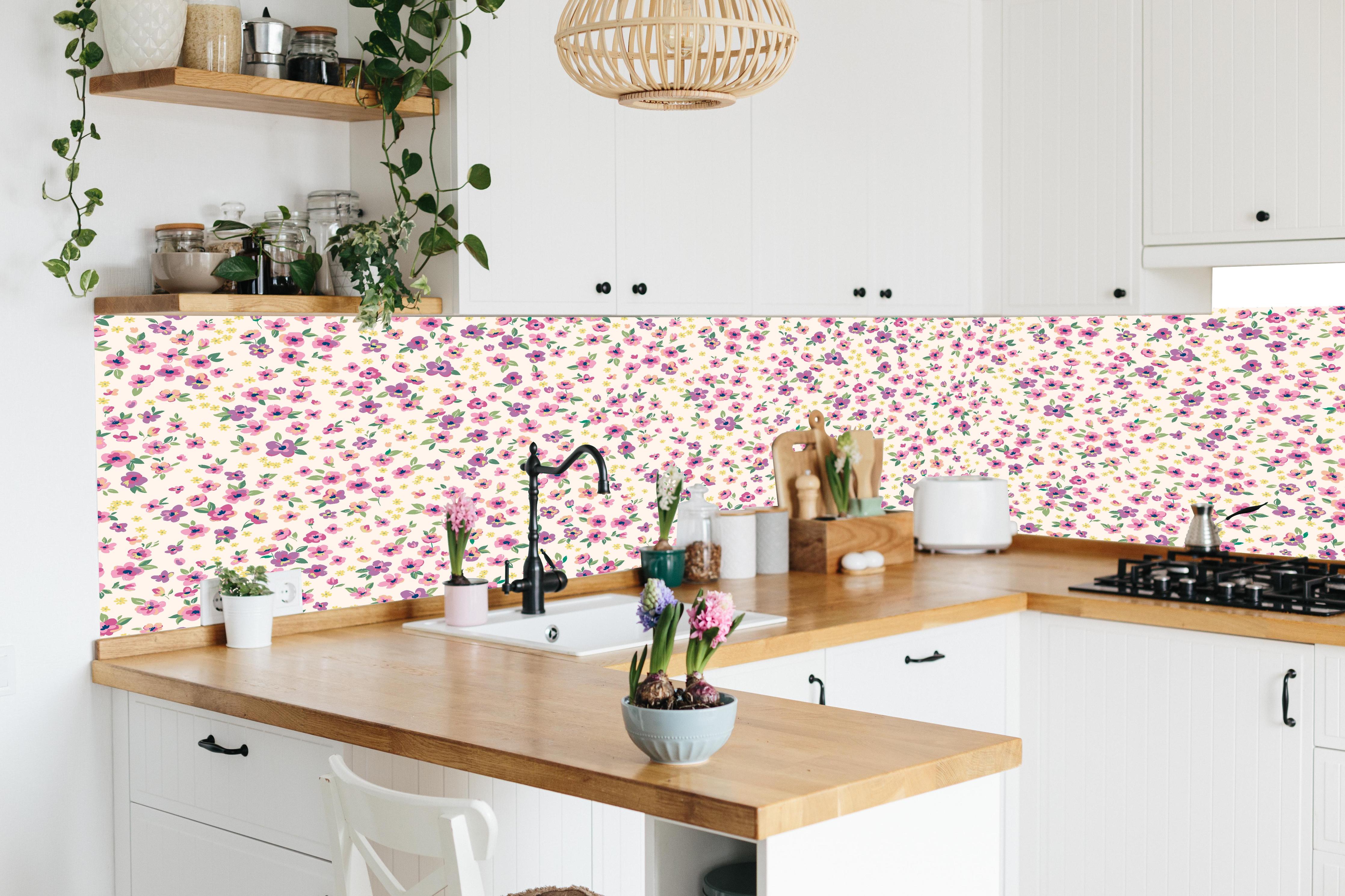 Küche - Vintage Ditsy Blumenmuster Rosa in lebendiger Küche mit bunten Blumen