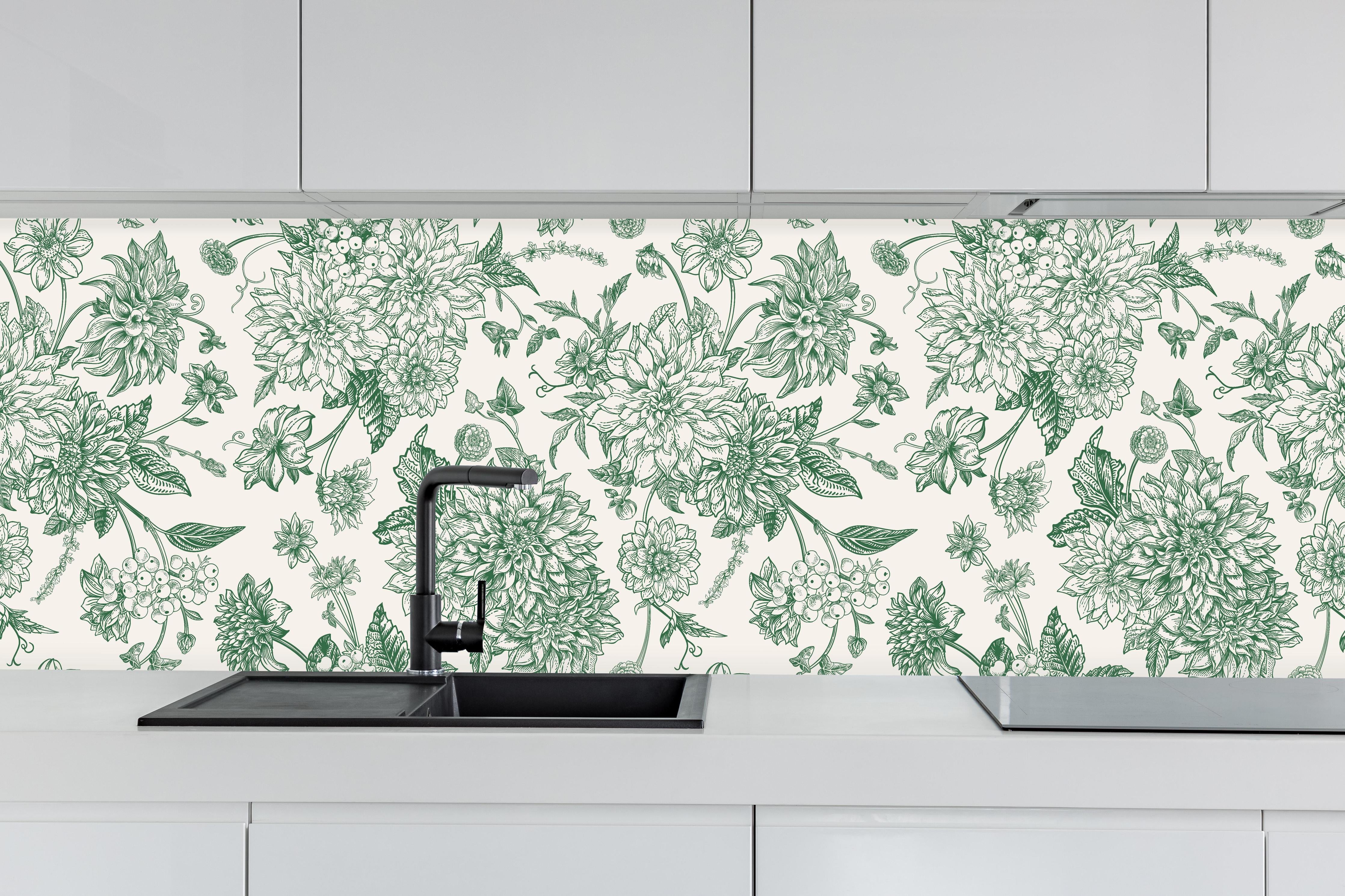 Küche - Vintage Grün Blumen Lineart hinter weißen Hochglanz-Küchenregalen und schwarzem Wasserhahn