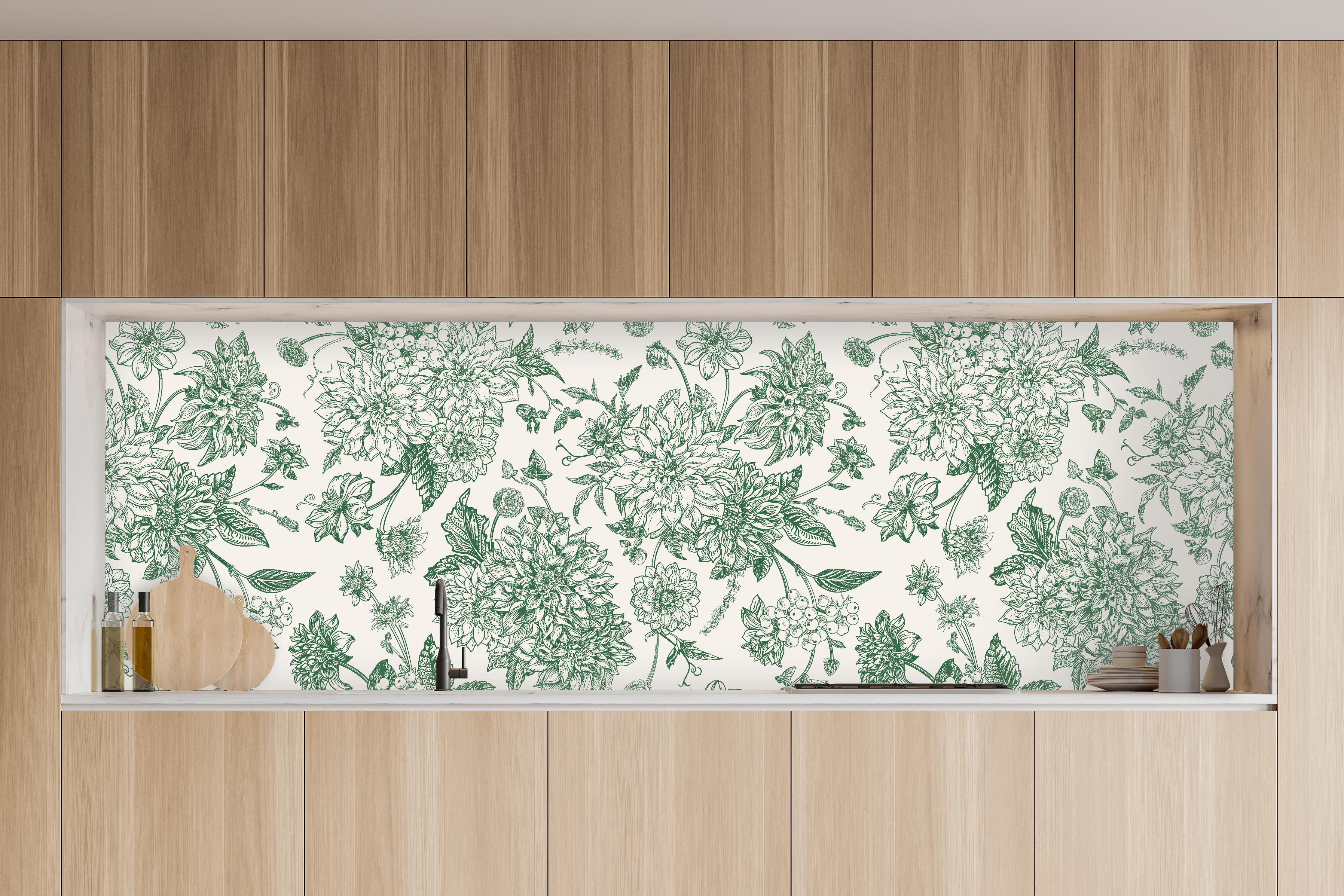 Küche - Vintage Grün Blumen Lineart in charakteristischer Vollholz-Küche mit modernem Gasherd