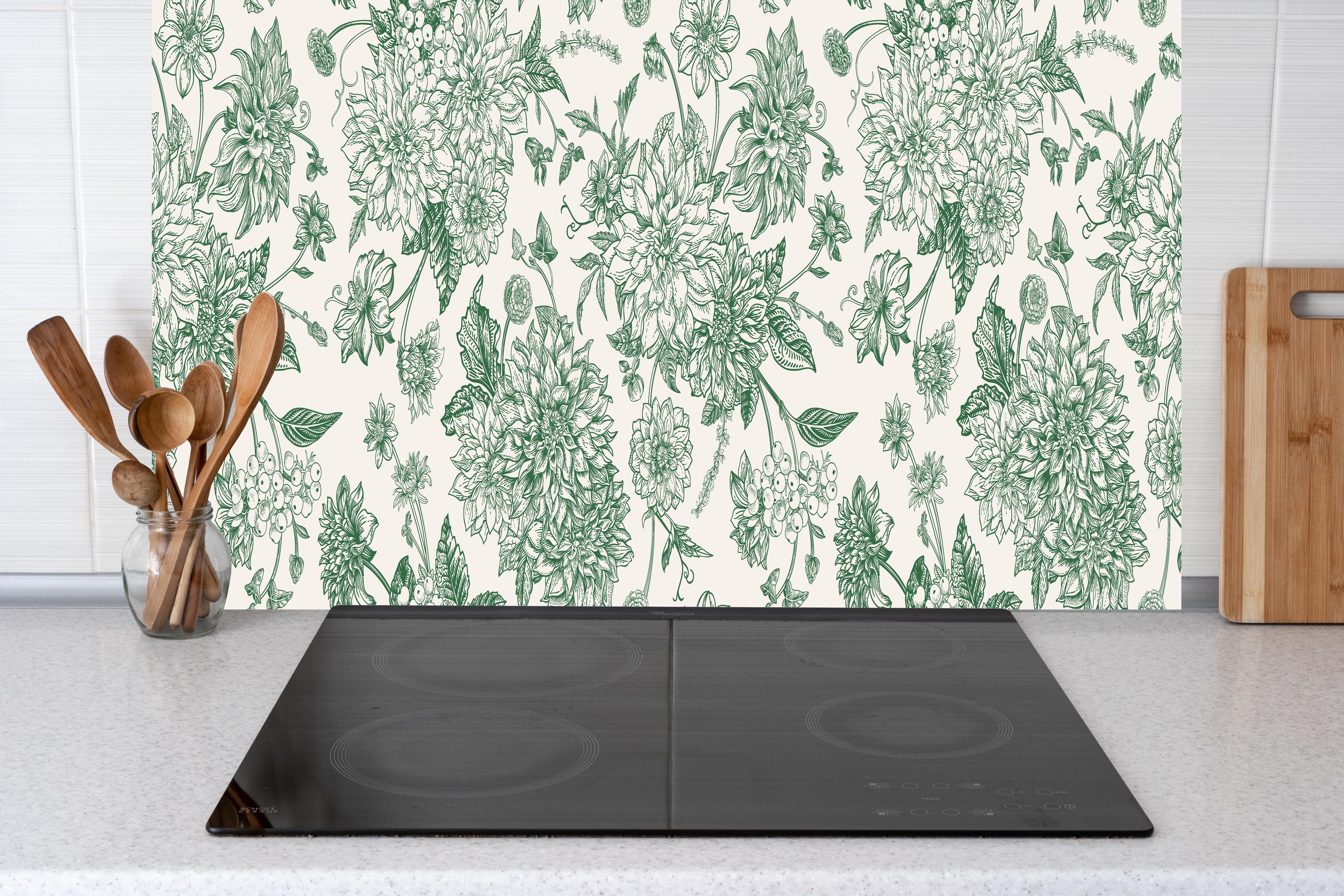 Küche - Vintage Grün Blumen Lineart hinter Cerankochfeld und Holz-Kochutensilien