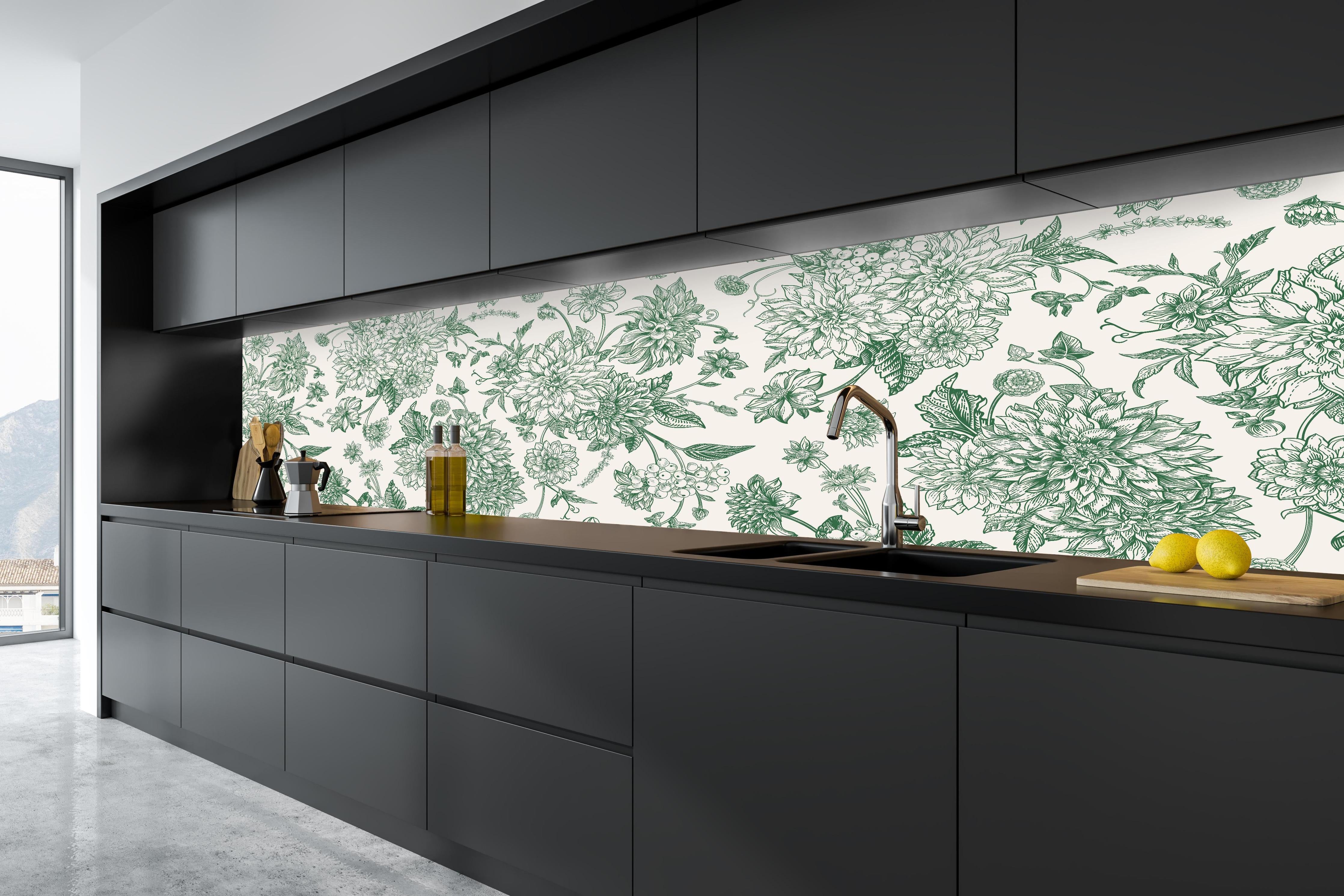Küche - Vintage Grün Blumen Lineart in tiefschwarzer matt-premium Einbauküche
