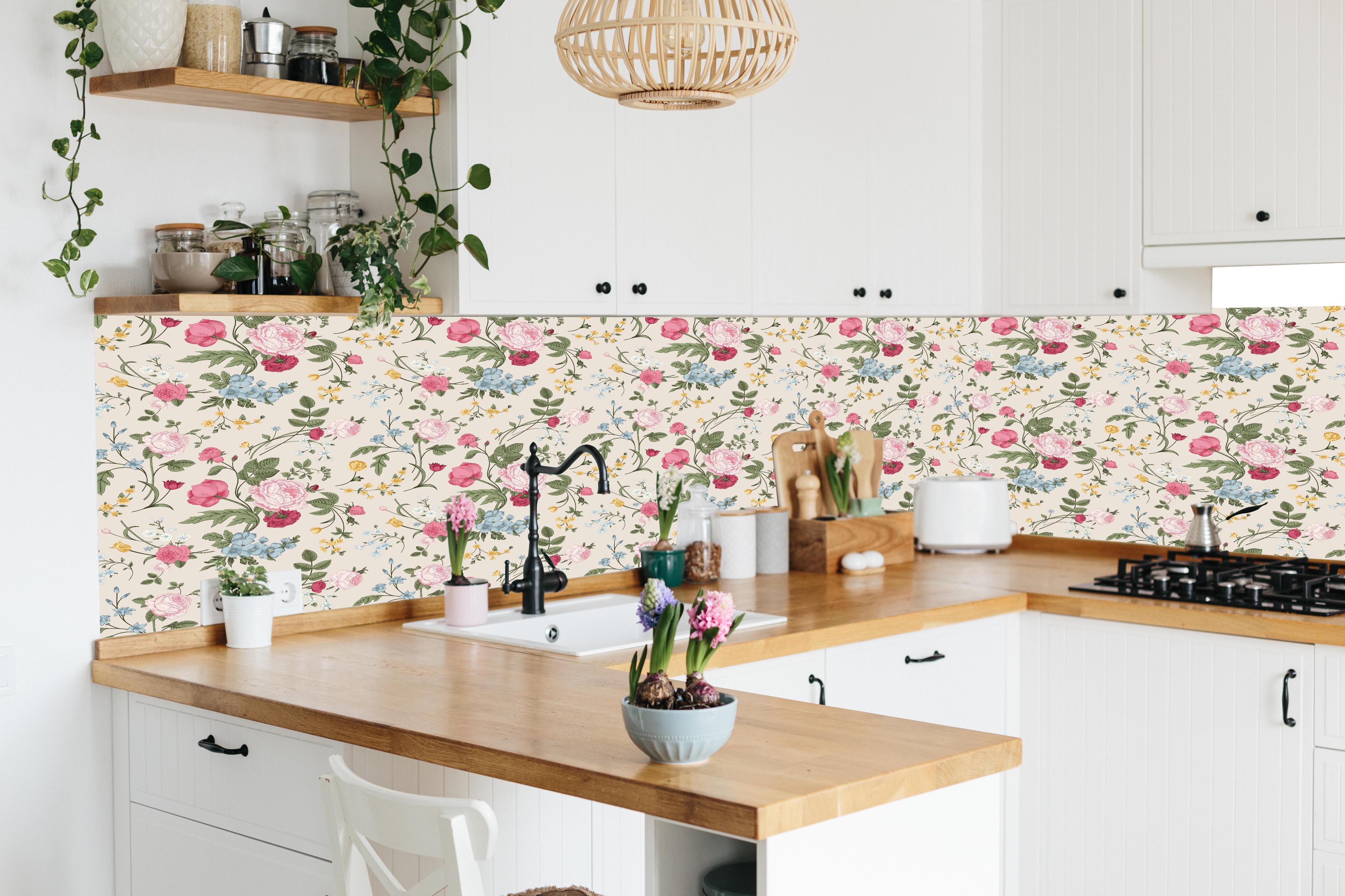 Küche - Vintage Rosenmuster Rosa-Beige in lebendiger Küche mit bunten Blumen