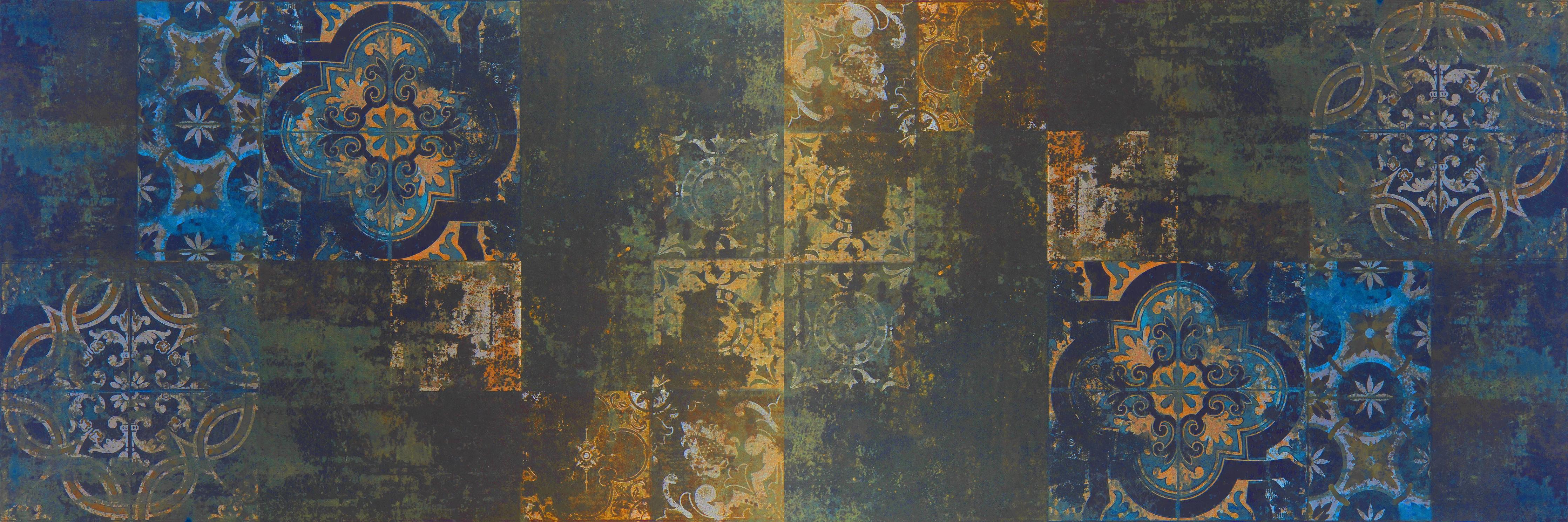 Küchenrückwand-Vintage Steinfliesen in Blau-Gold