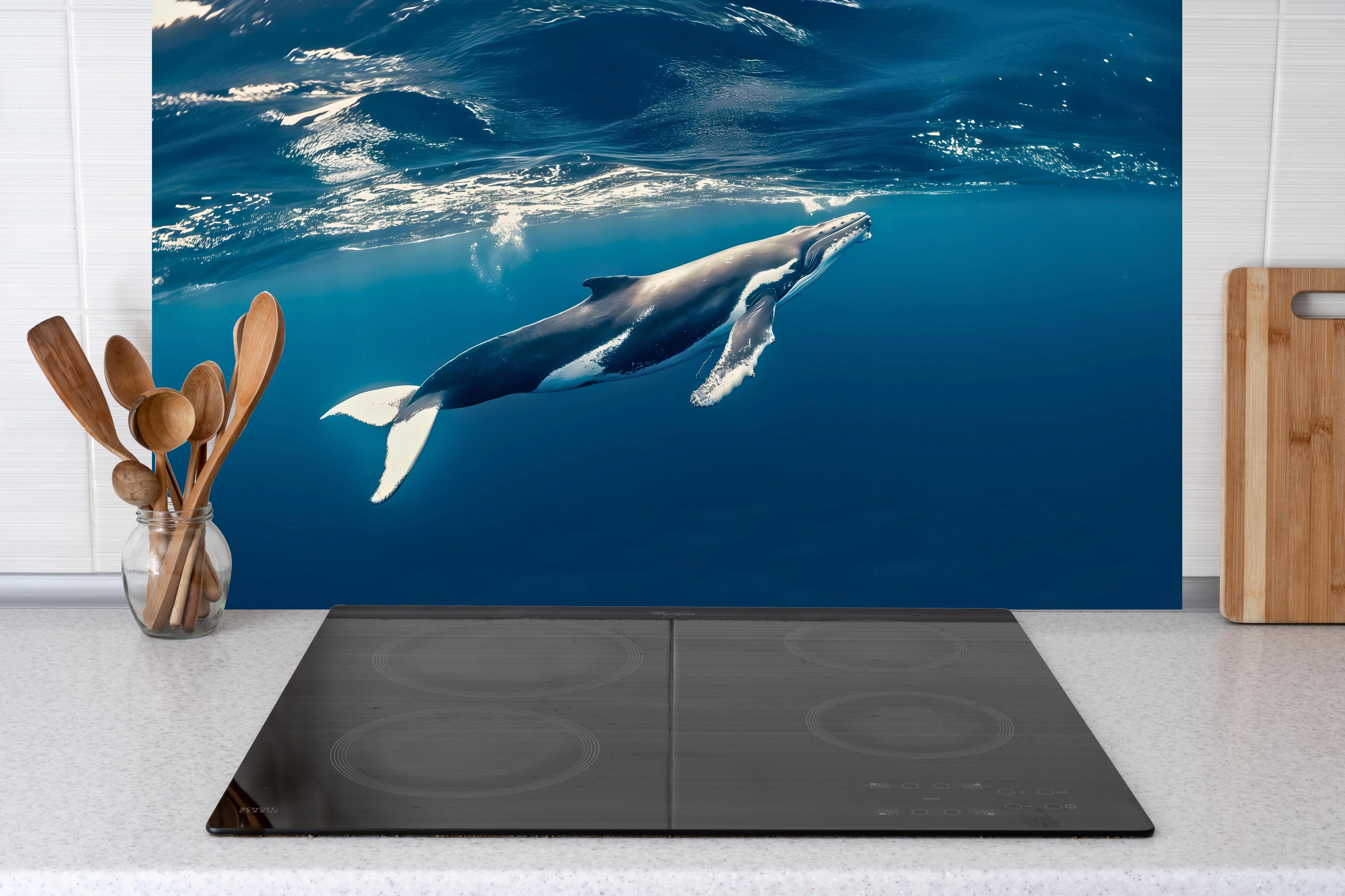 Küche - Wal im blauen Ozean hinter Cerankochfeld und Holz-Kochutensilien