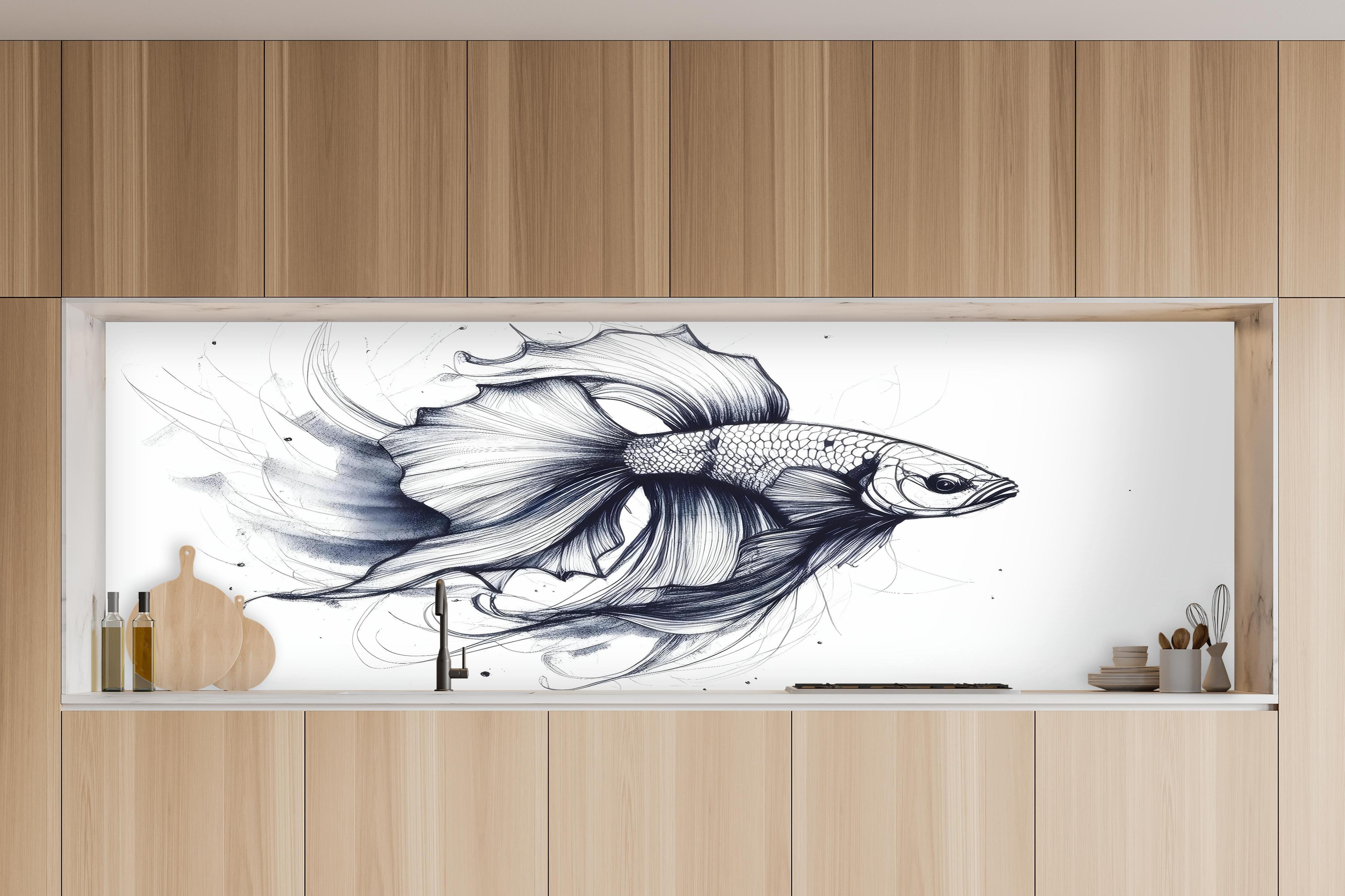 Küche - Weiß-Grau Betta-Fisch Illustration in charakteristischer Vollholz-Küche mit modernem Gasherd