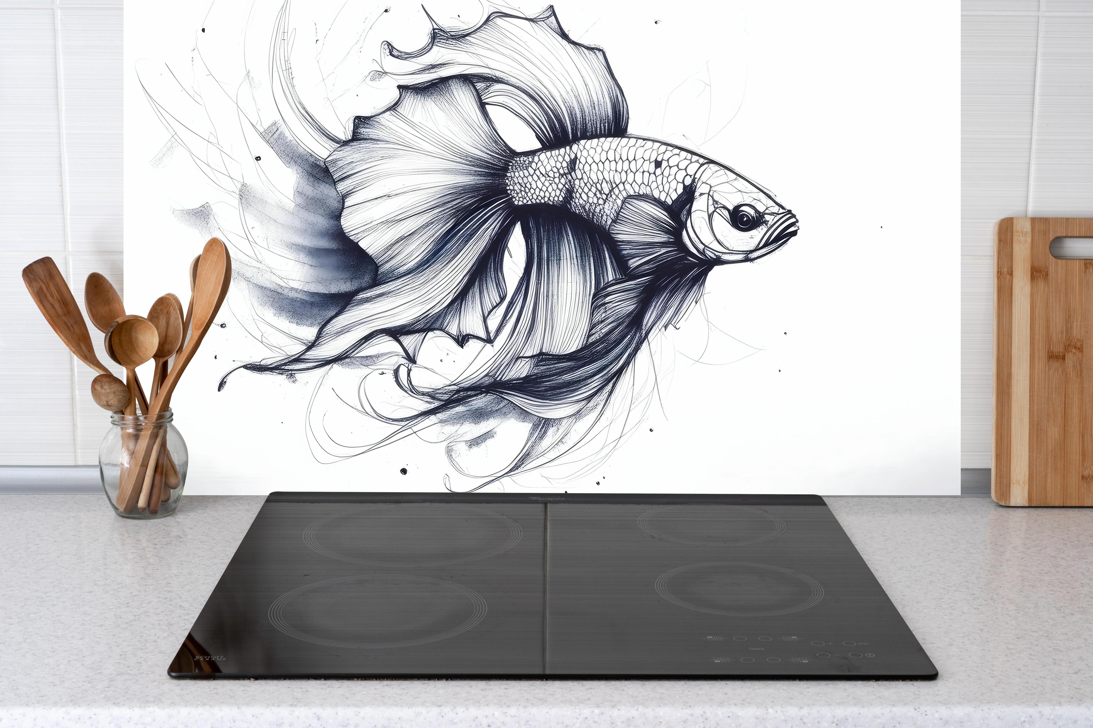 Küche - Weiß-Grau Betta-Fisch Illustration hinter Cerankochfeld und Holz-Kochutensilien