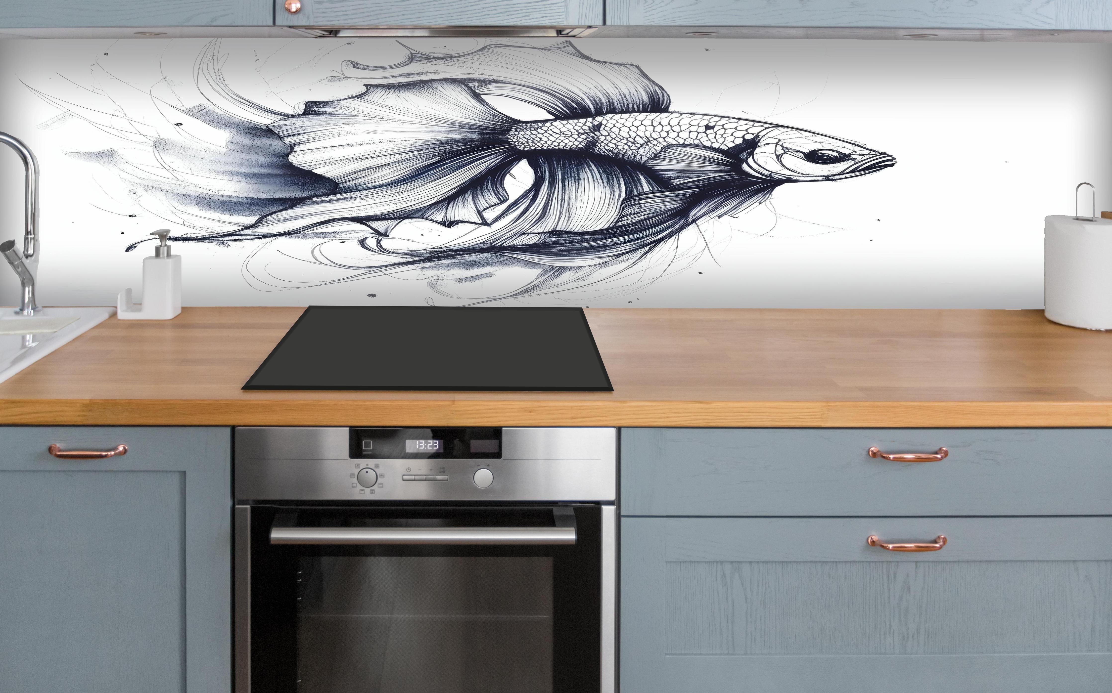 Küche - Weiß-Grau Betta-Fisch Illustration über polierter Holzarbeitsplatte mit Cerankochfeld