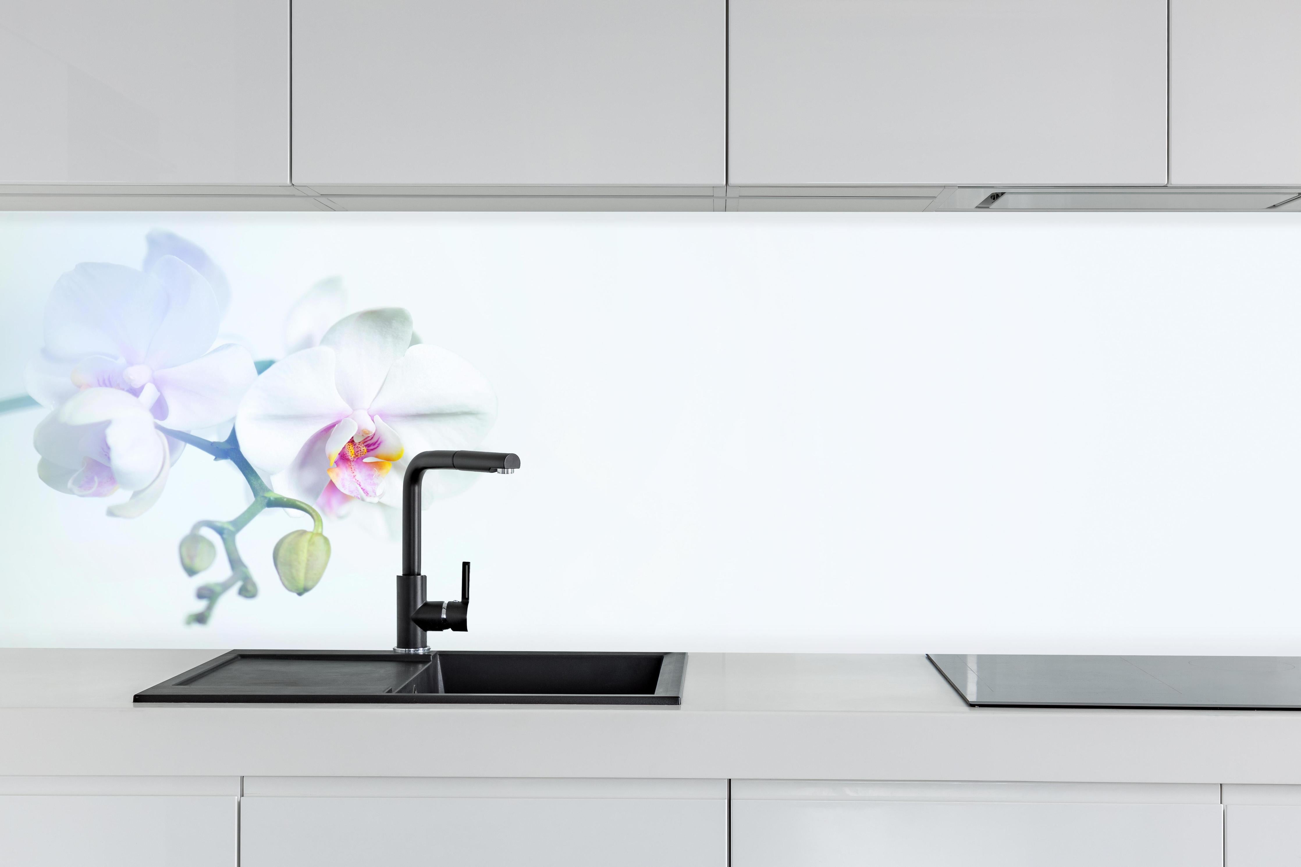 Küche - Weiße Orchidee in Pastell hinter weißen Hochglanz-Küchenregalen und schwarzem Wasserhahn