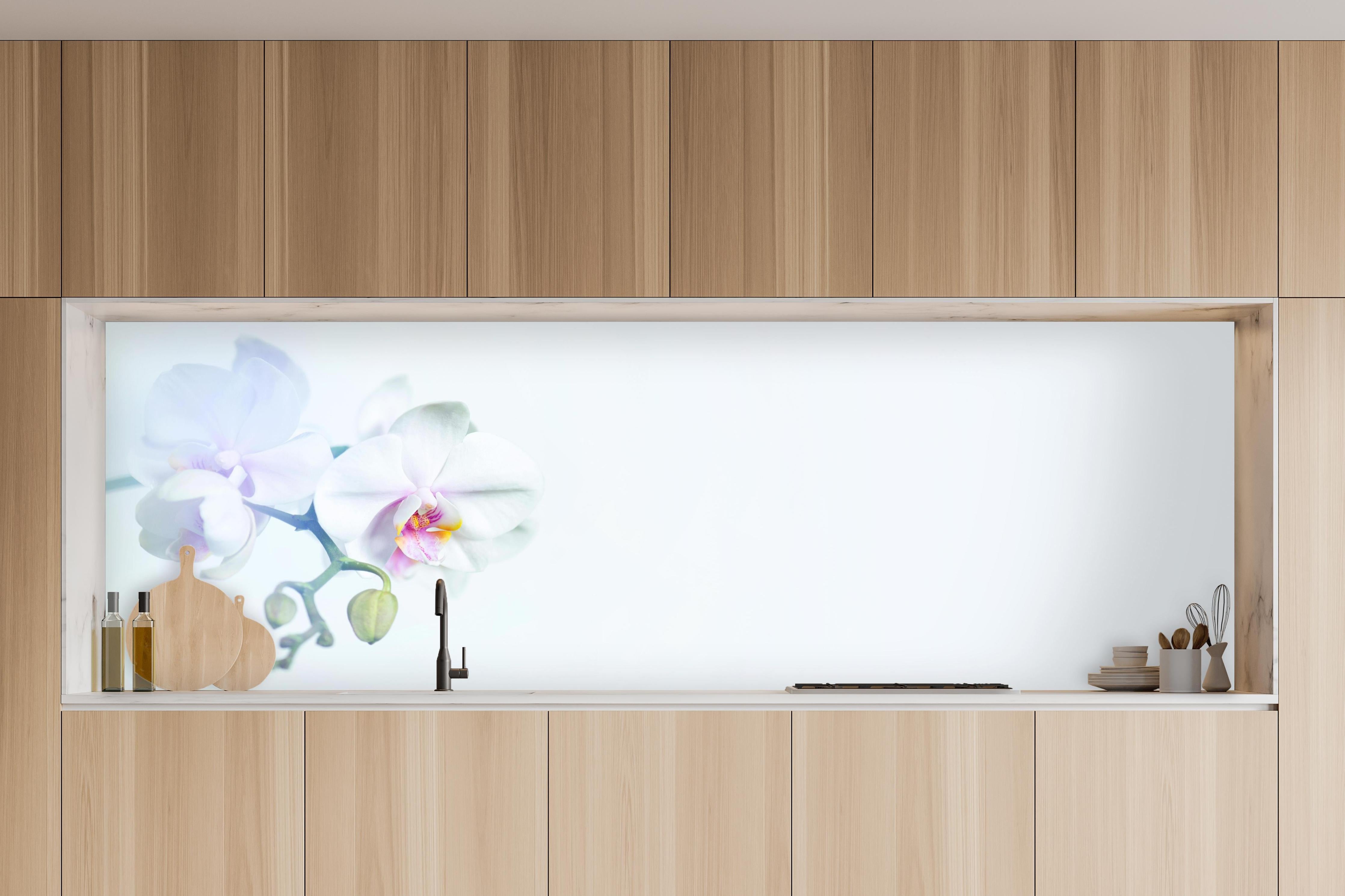 Küche - Weiße Orchidee in Pastell in charakteristischer Vollholz-Küche mit modernem Gasherd