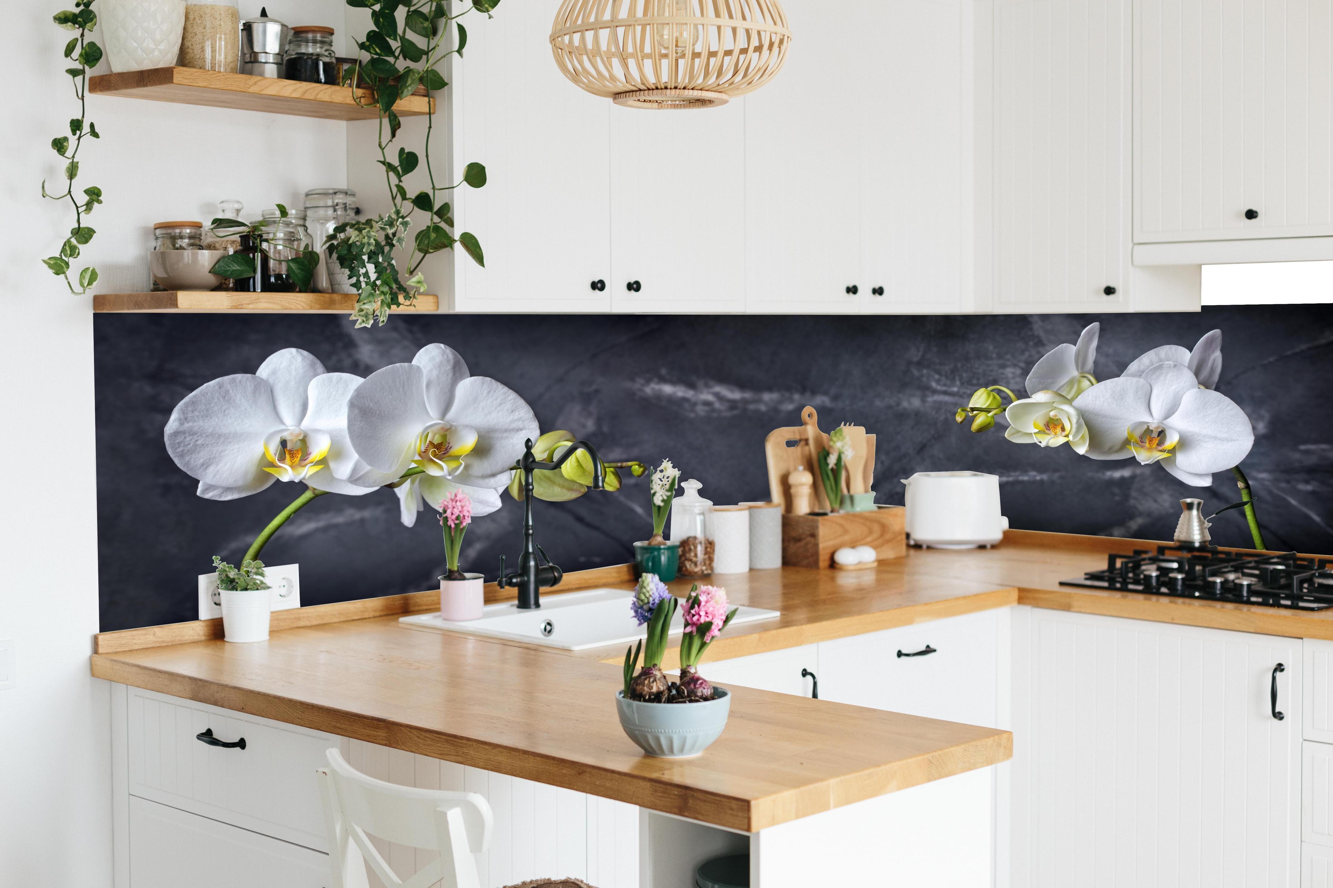 Küche - Weiße Orchideen auf Marmor in lebendiger Küche mit bunten Blumen