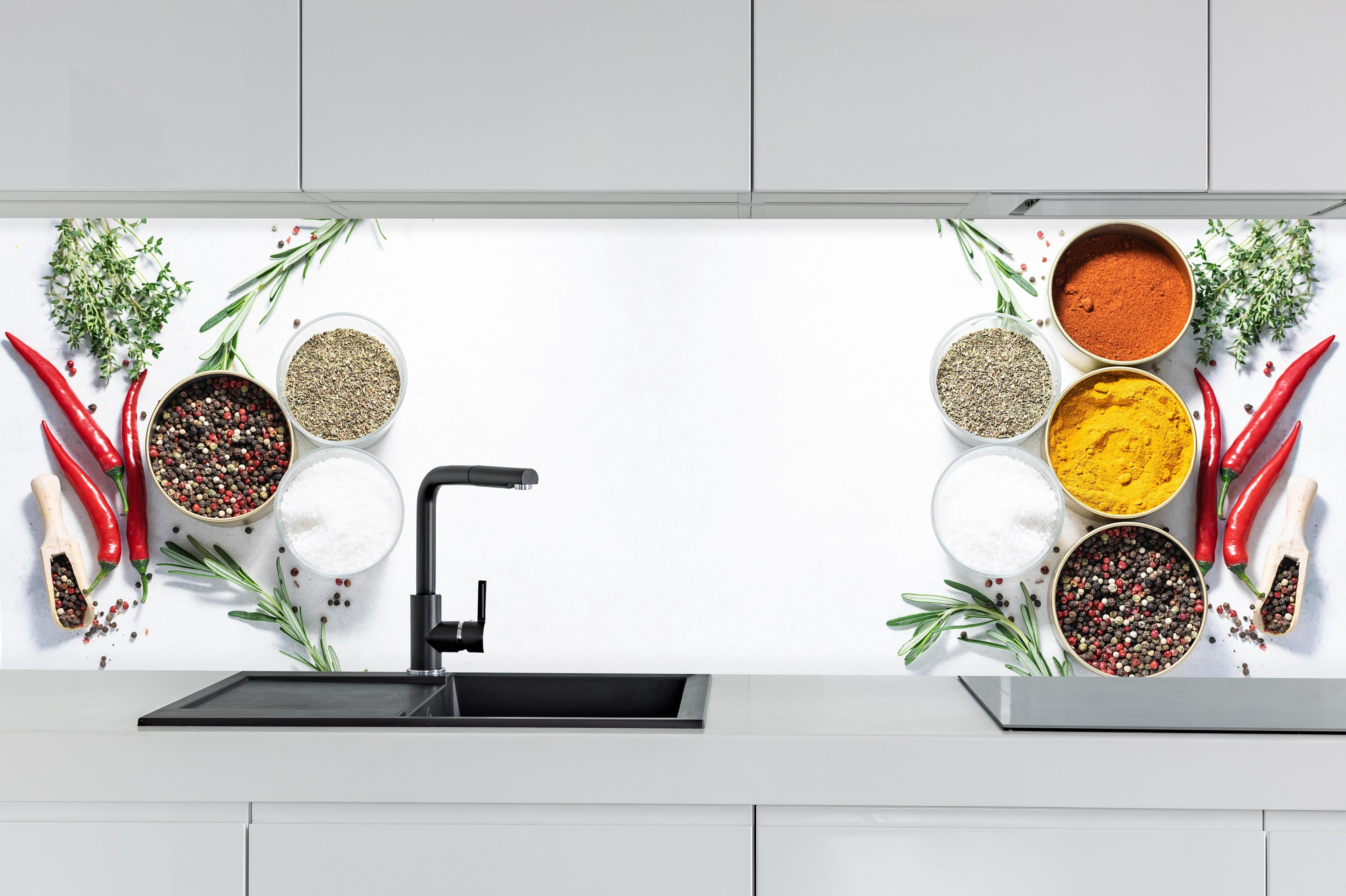 Küche - Weißes Gewürz-Flatlay hinter weißen Hochglanz-Küchenregalen und schwarzem Wasserhahn