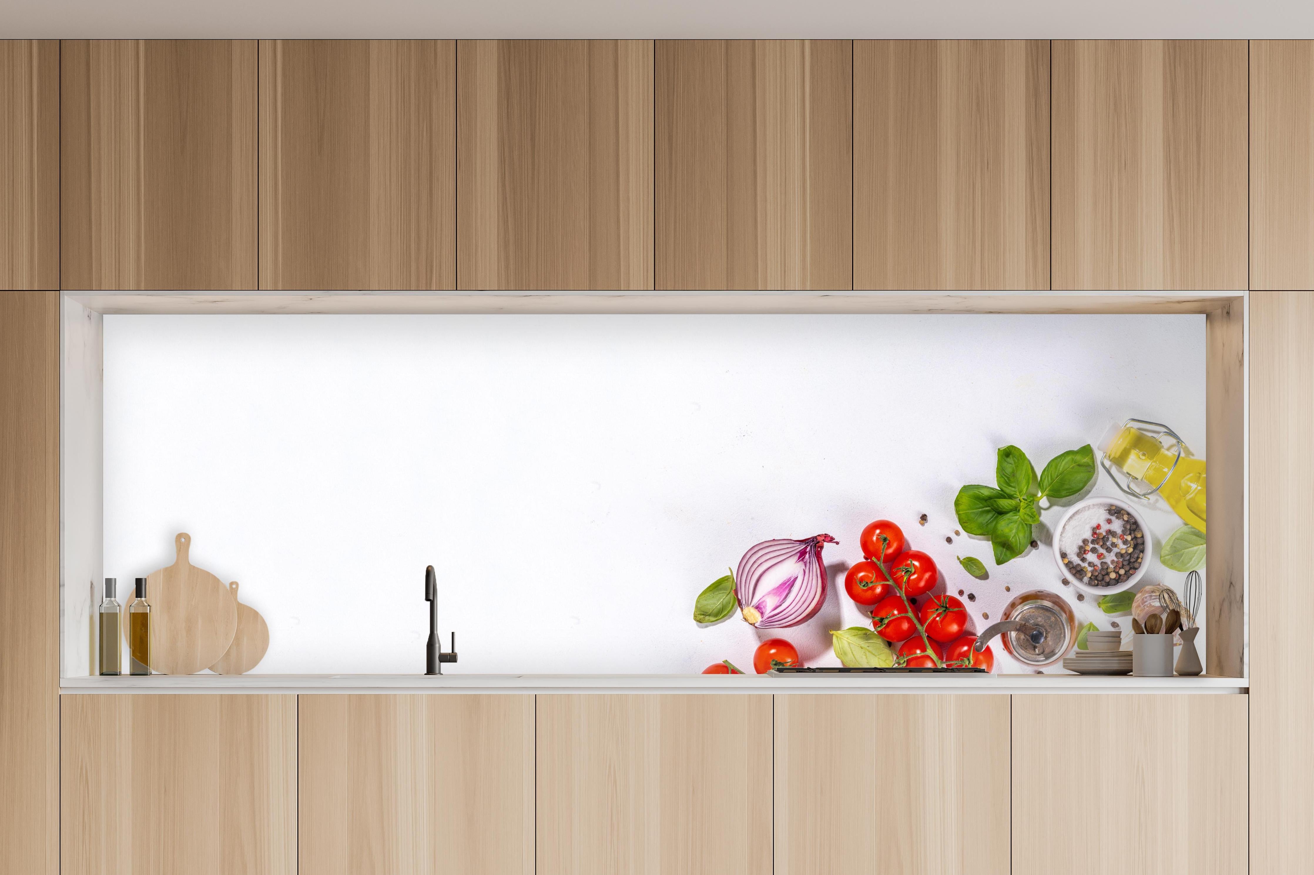 Küche - Weißes Tomaten-Kräuter Stillleben in charakteristischer Vollholz-Küche mit modernem Gasherd