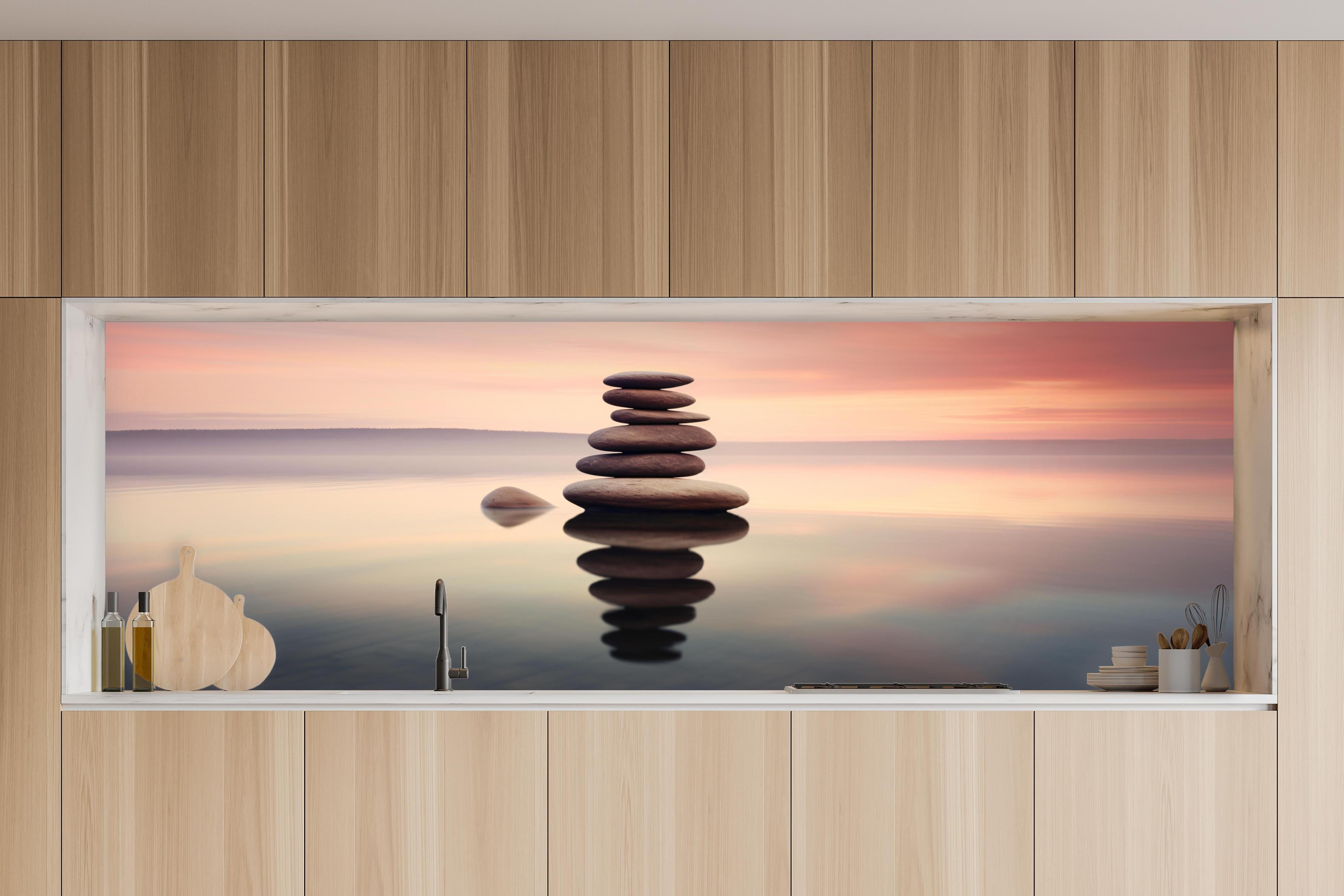 Küche - Zen-Steine am rosa Sonnenuntergang in charakteristischer Vollholz-Küche mit modernem Gasherd