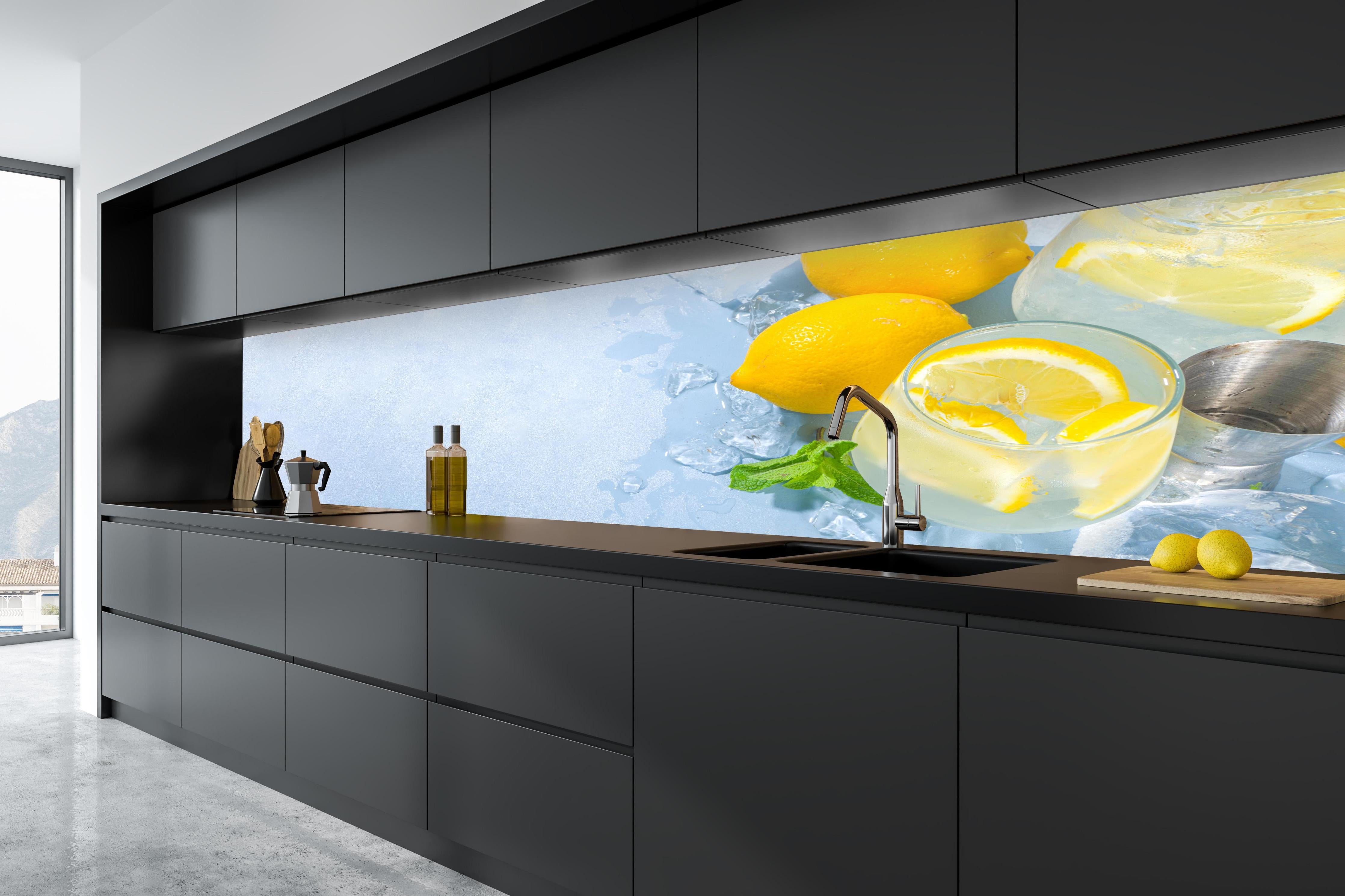 Küche - Zitrone Limette Erfrischung Weiß-Türkis in tiefschwarzer matt-premium Einbauküche