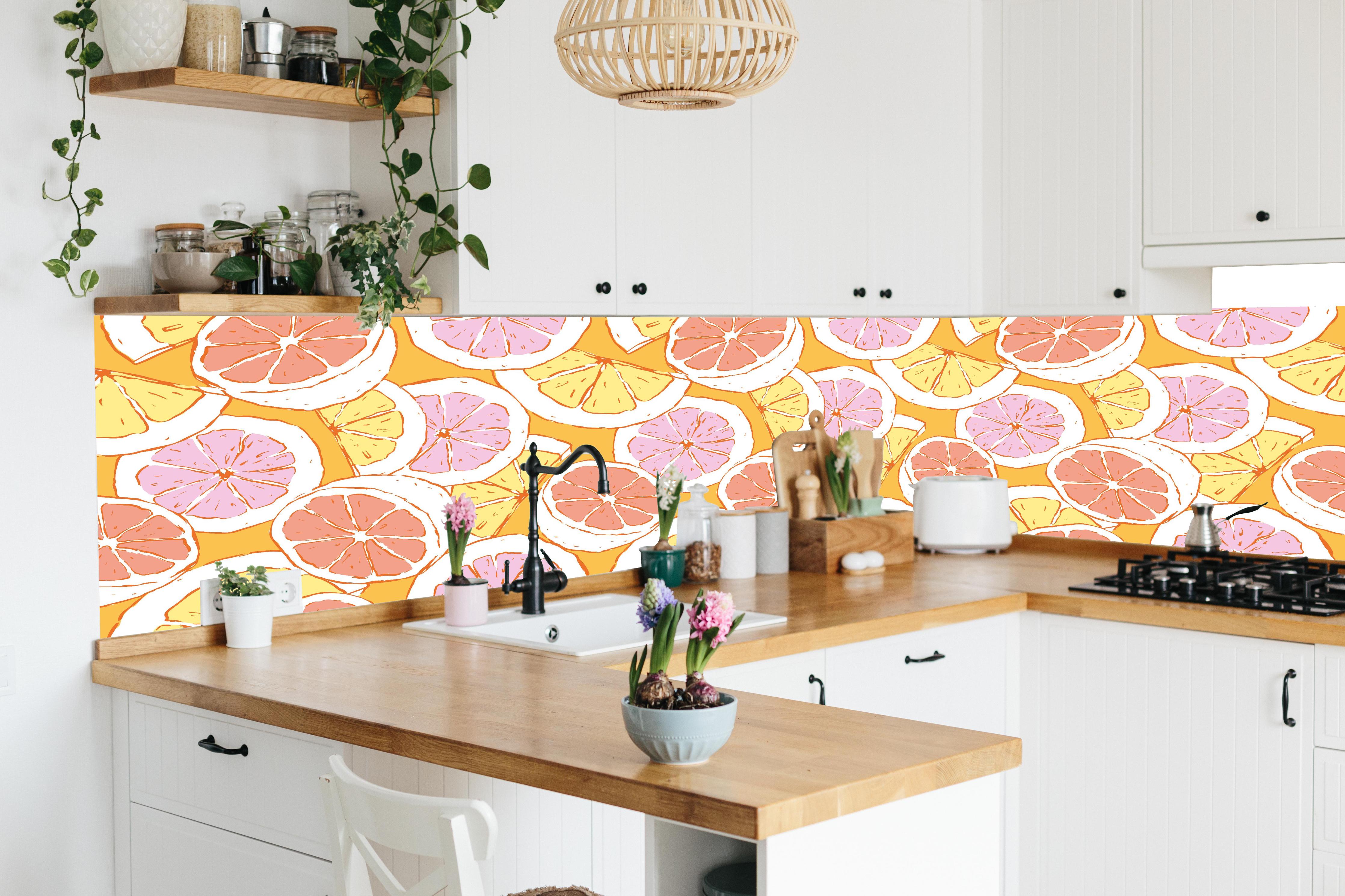 Küche - Zitronen-Grapefruit Pastellmuster in lebendiger Küche mit bunten Blumen