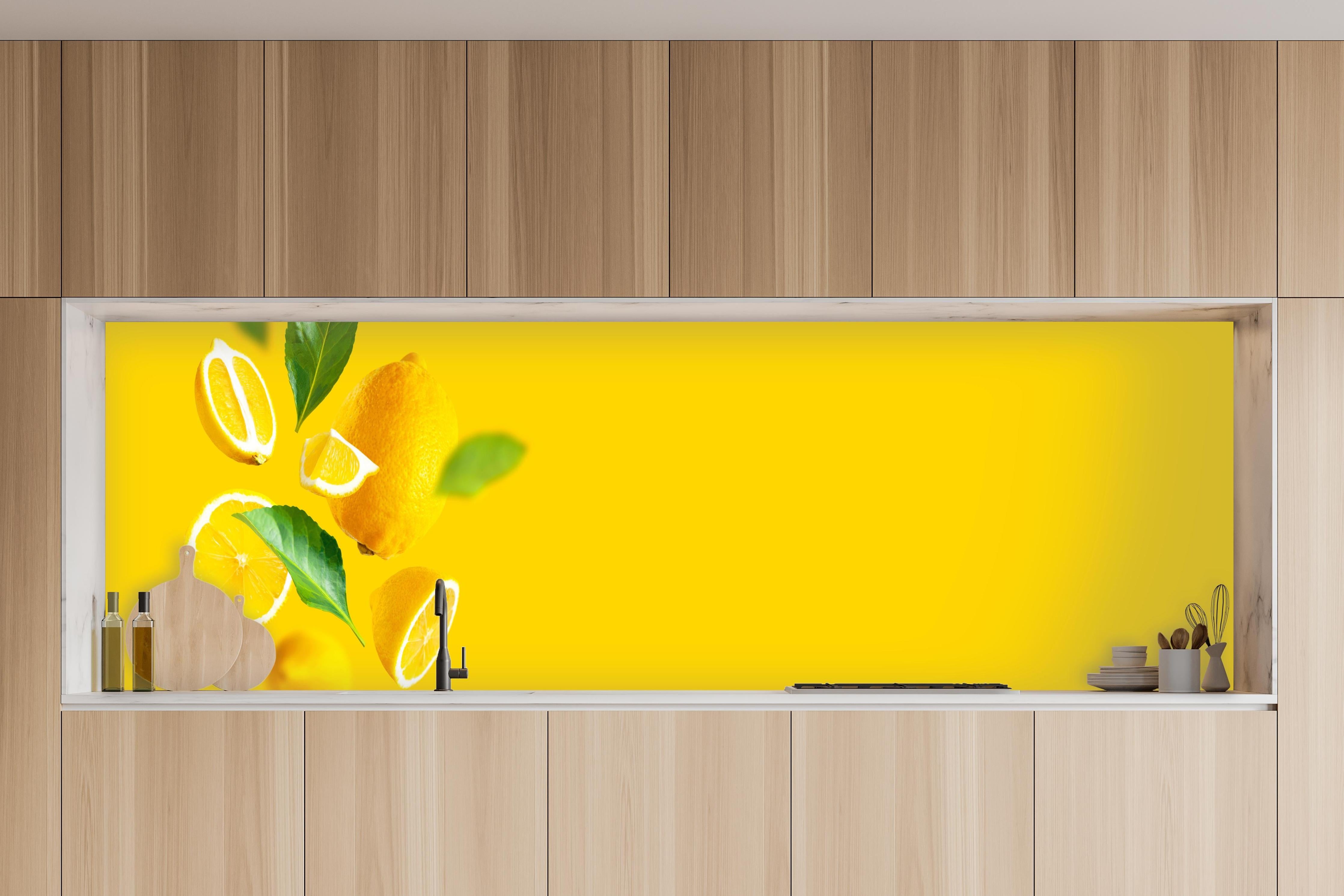 Küche - Zitronen Limetten Gelber Hintergrund in charakteristischer Vollholz-Küche mit modernem Gasherd