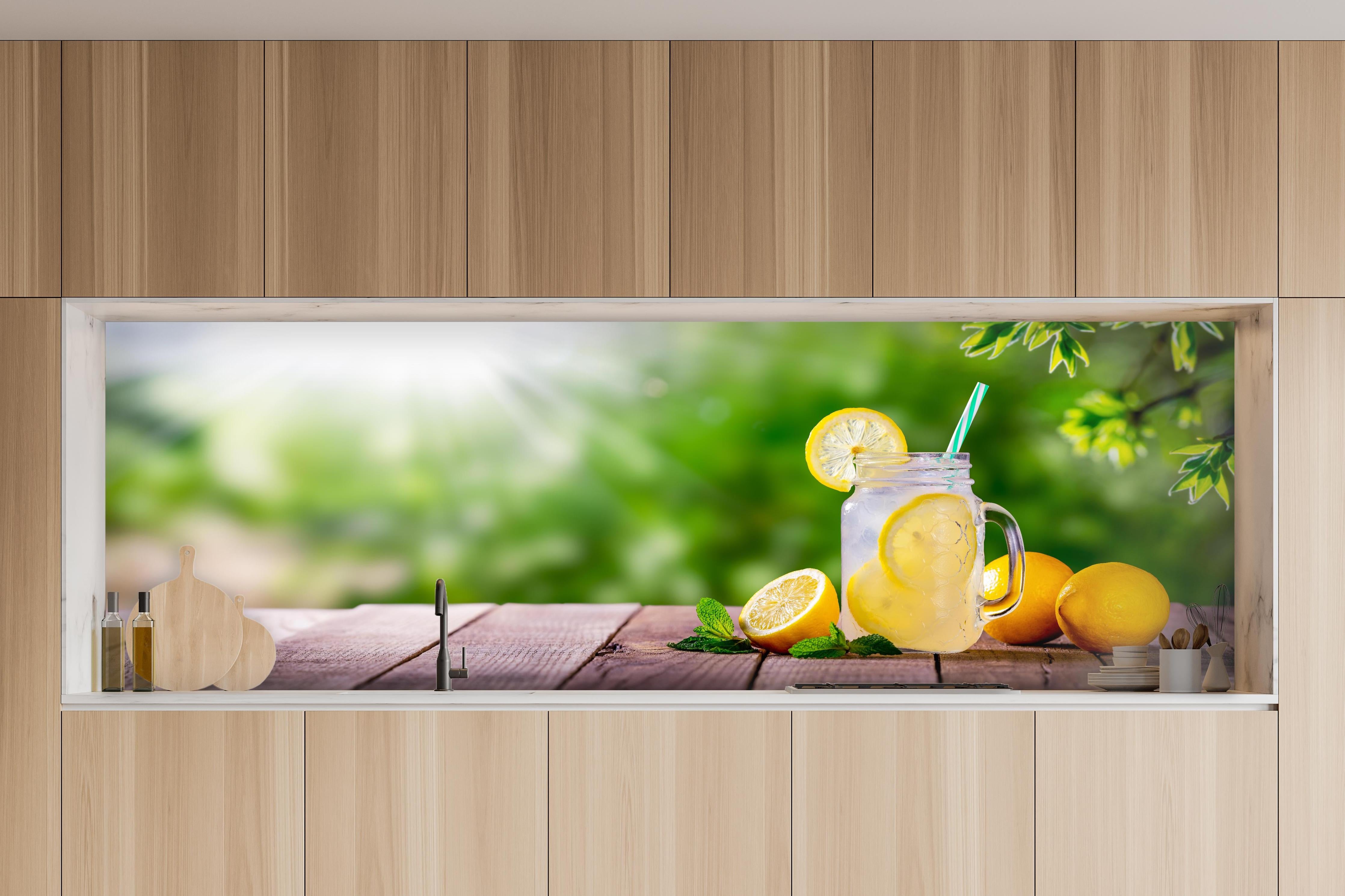 Küche - Zitronen-Limonade auf Holztisch in charakteristischer Vollholz-Küche mit modernem Gasherd