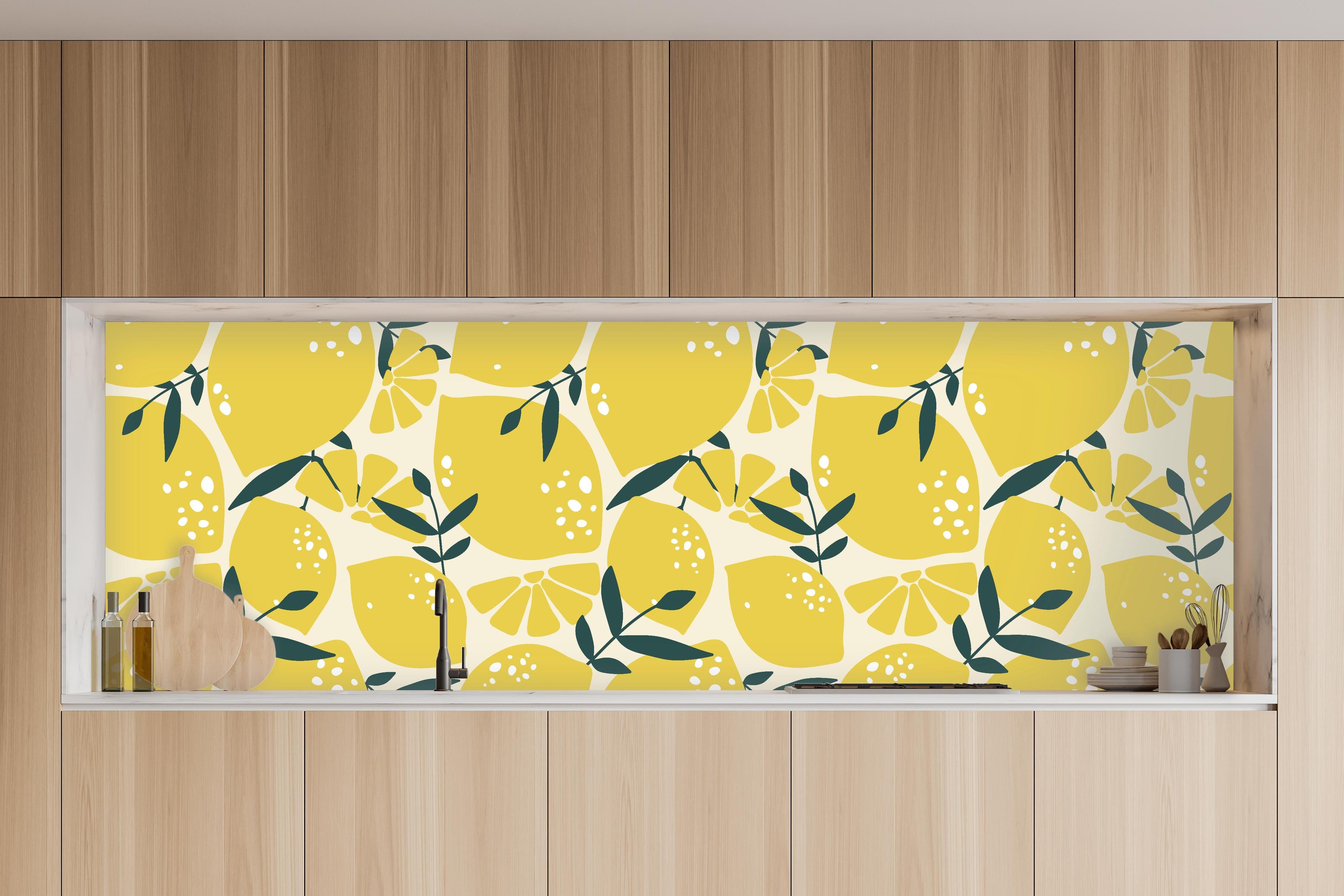 Küche - Zitronen-Motiv Gelb Grün in charakteristischer Vollholz-Küche mit modernem Gasherd