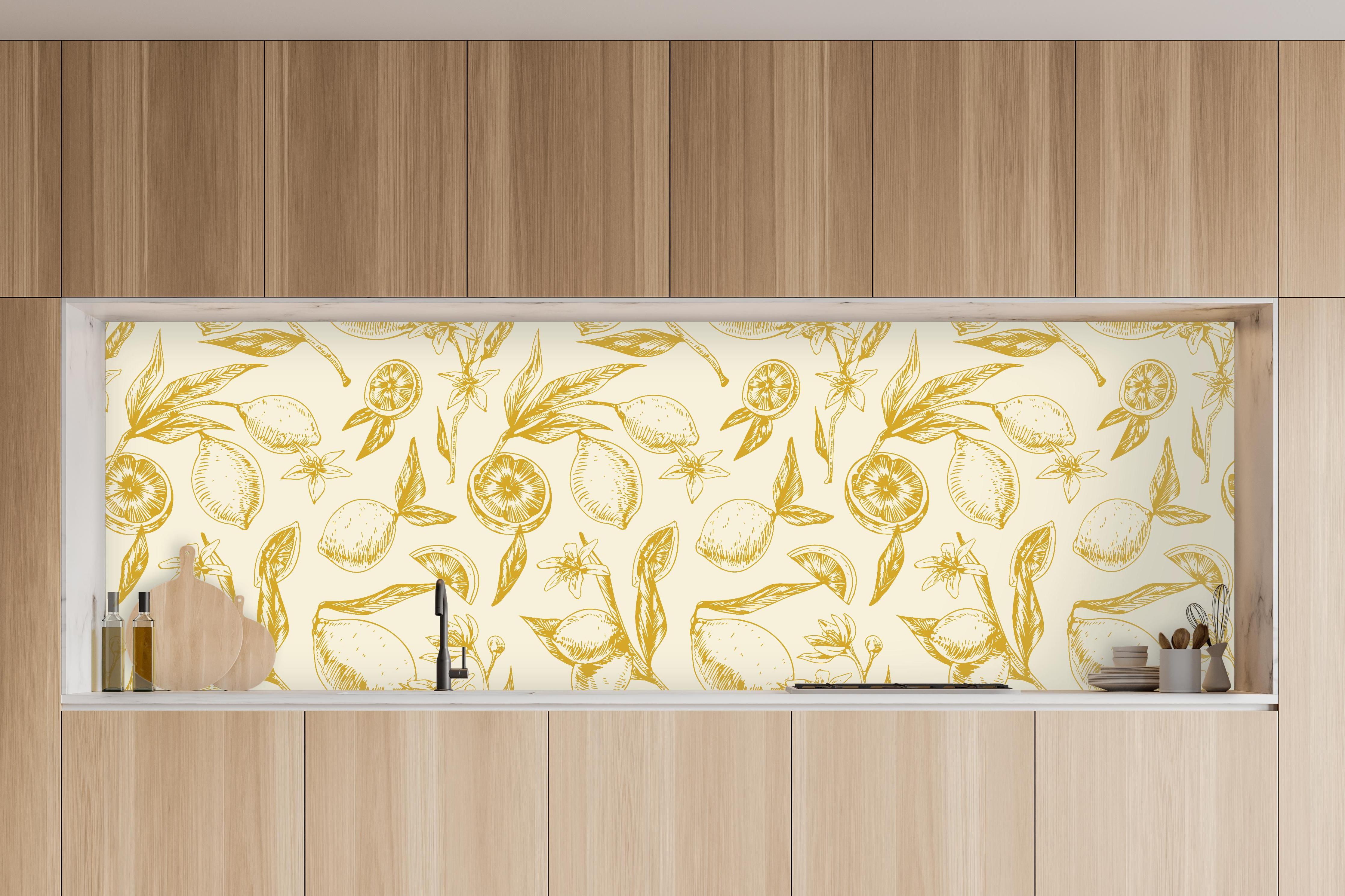 Küche - Zitronenmuster Gelb-Beige in charakteristischer Vollholz-Küche mit modernem Gasherd