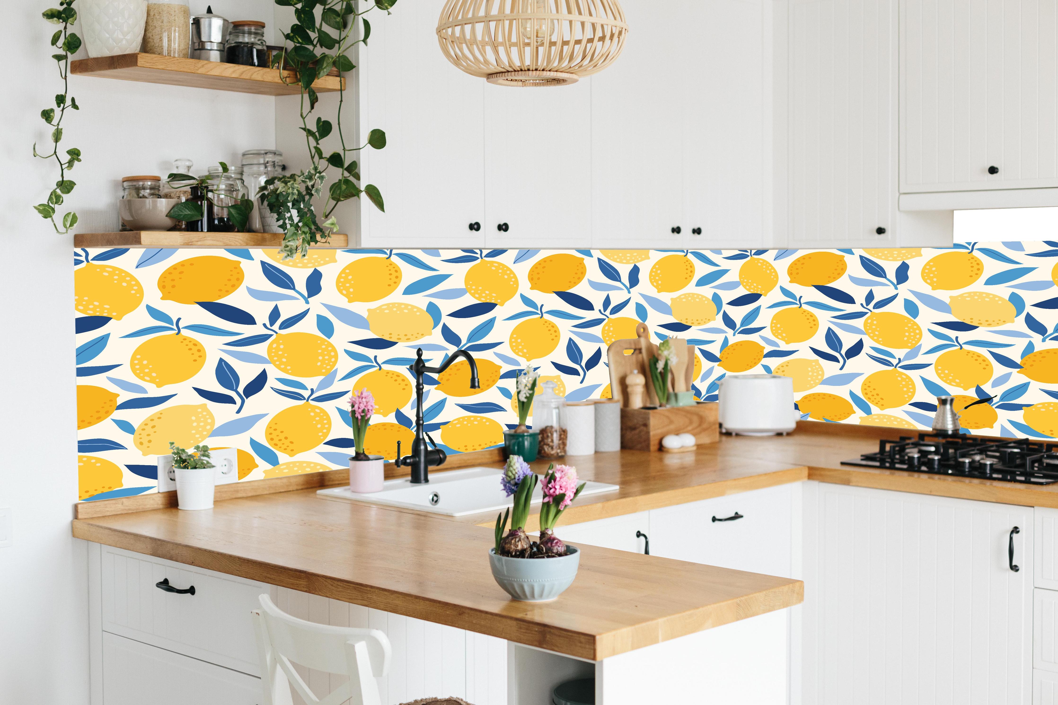 Küche - Zitronenmuster Gelb Blau in lebendiger Küche mit bunten Blumen