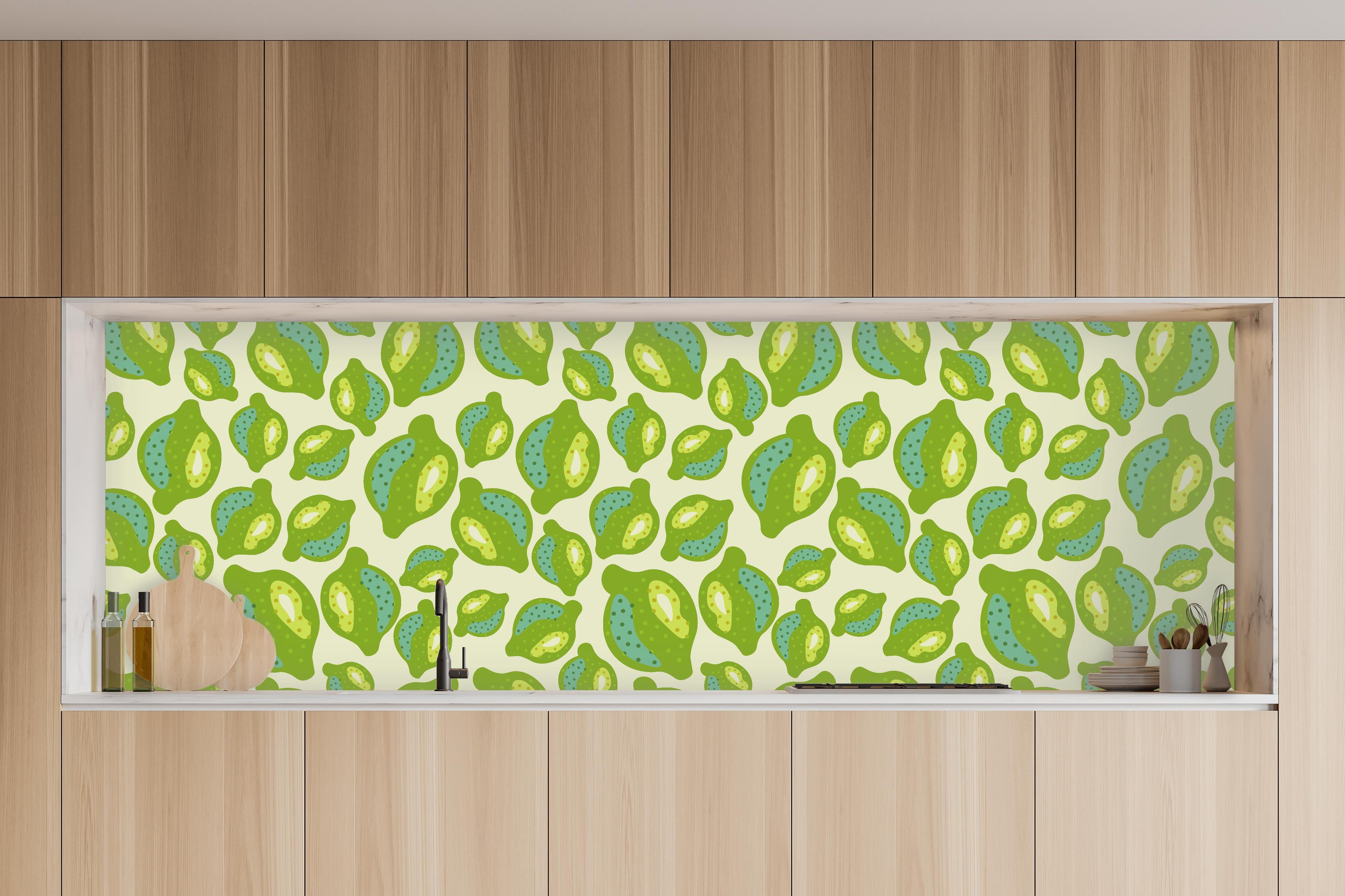 Küche - Zitrus-Limetten-Muster Grün in charakteristischer Vollholz-Küche mit modernem Gasherd
