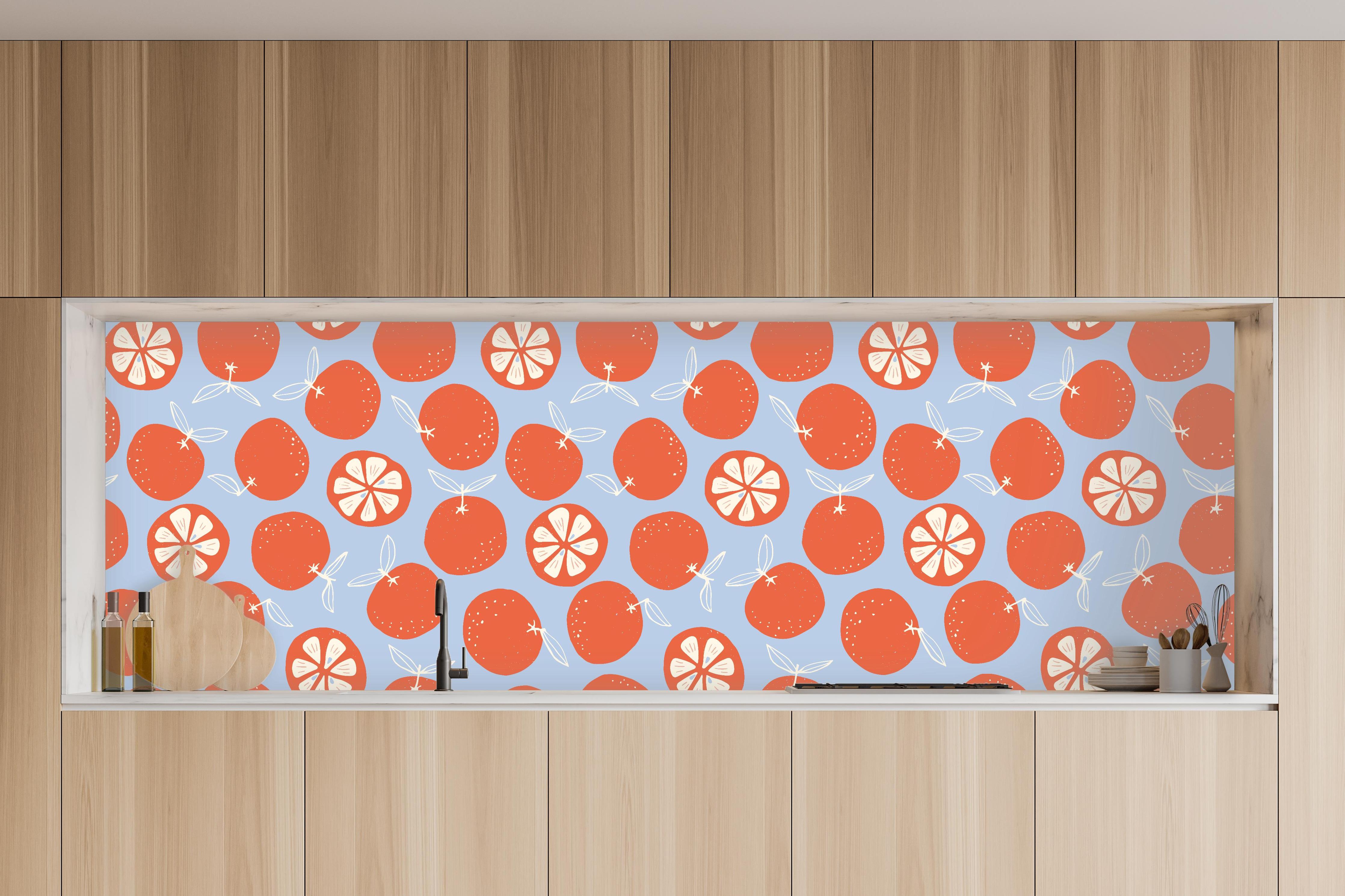 Küche - Zitrus-Orangenmuster Coral Glow in charakteristischer Vollholz-Küche mit modernem Gasherd