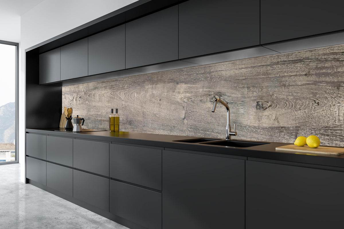 Küche -  Lange Grau-Bräunliche Holzplatte in tiefschwarzer matt-premium Einbauküche