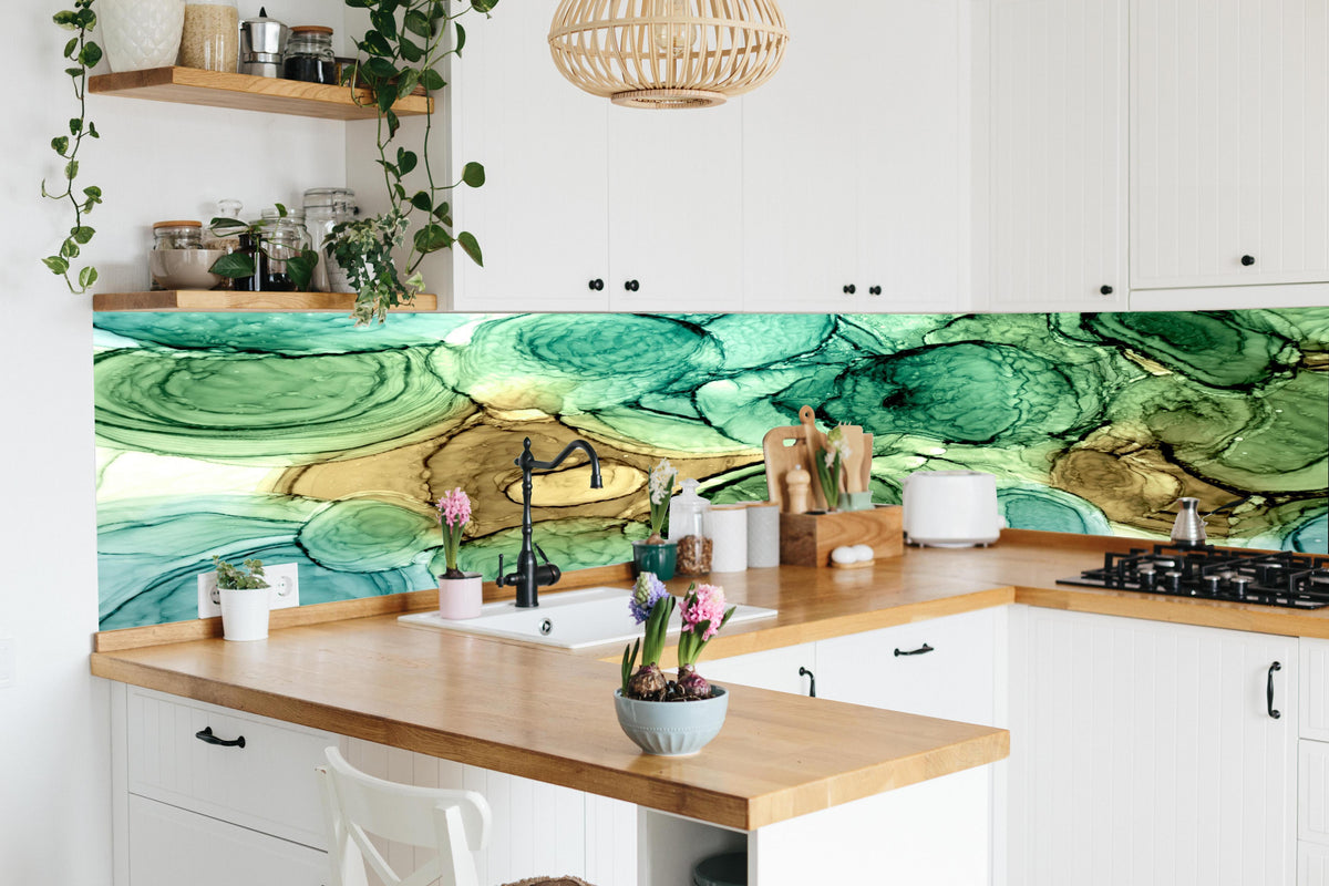 Küche - Abstrakte Ocker grüne Kreise in lebendiger Küche mit bunten Blumen