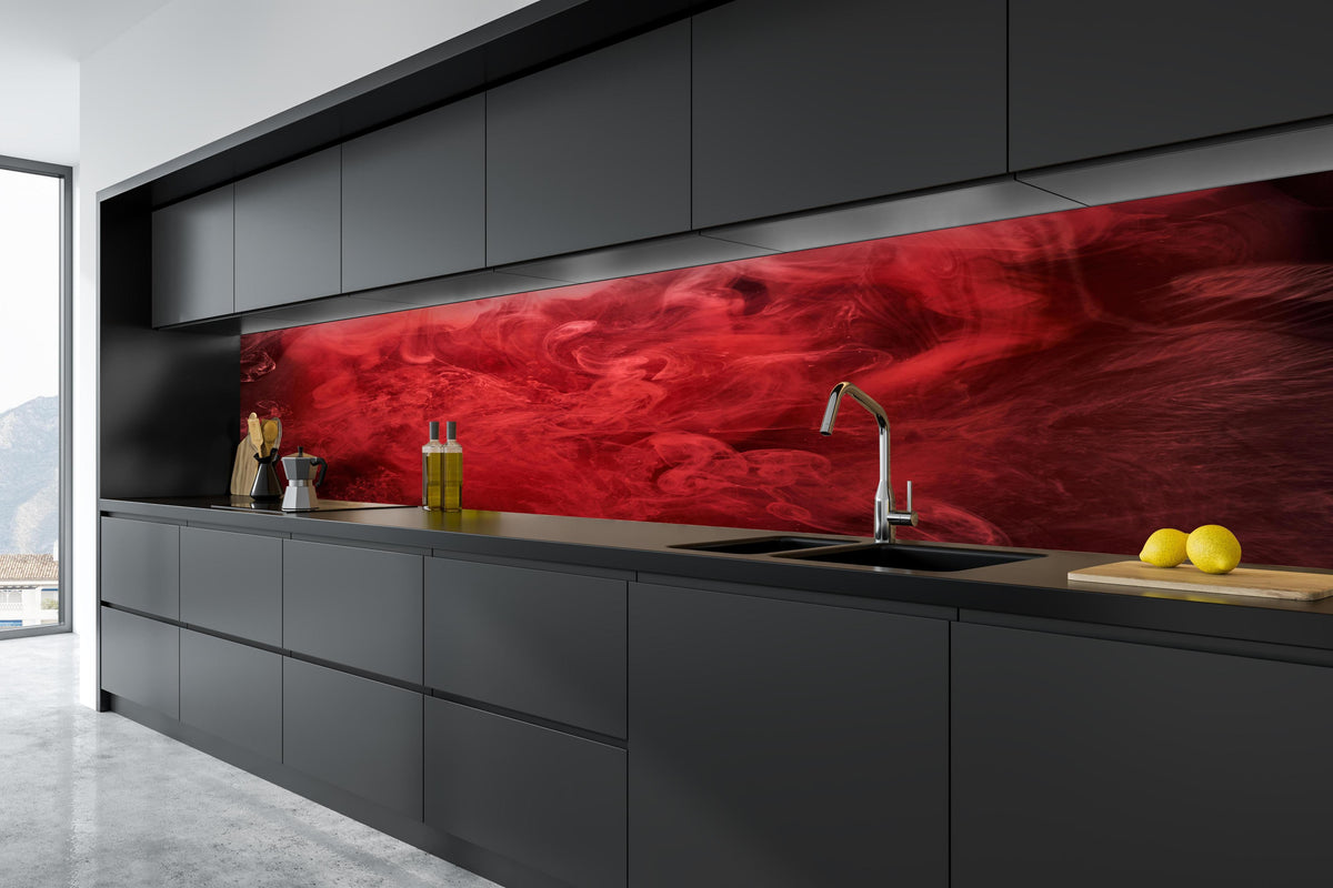 Küche - Abstrakter roter Ozean in tiefschwarzer matt-premium Einbauküche