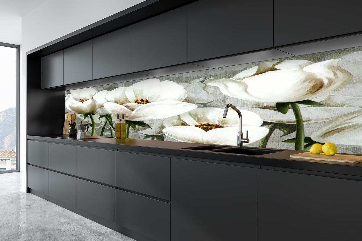 Küche - Abstraktes Blumen Tapetendesign in tiefschwarzer matt-premium Einbauküche