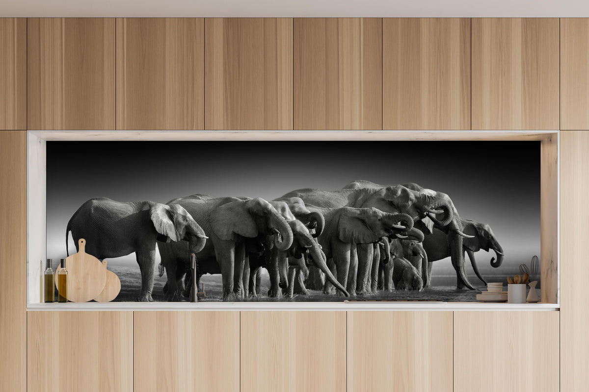 Küche - Afrikanische Elefantenherde (Schwarz-Weiß) in charakteristischer Vollholz-Küche mit modernem Gasherd