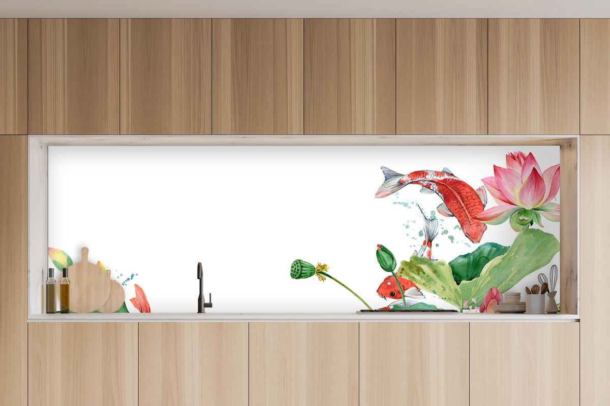 Küche - Aquarell Koi Karpfen und Lotusblume in charakteristischer Vollholz-Küche mit modernem Gasherd