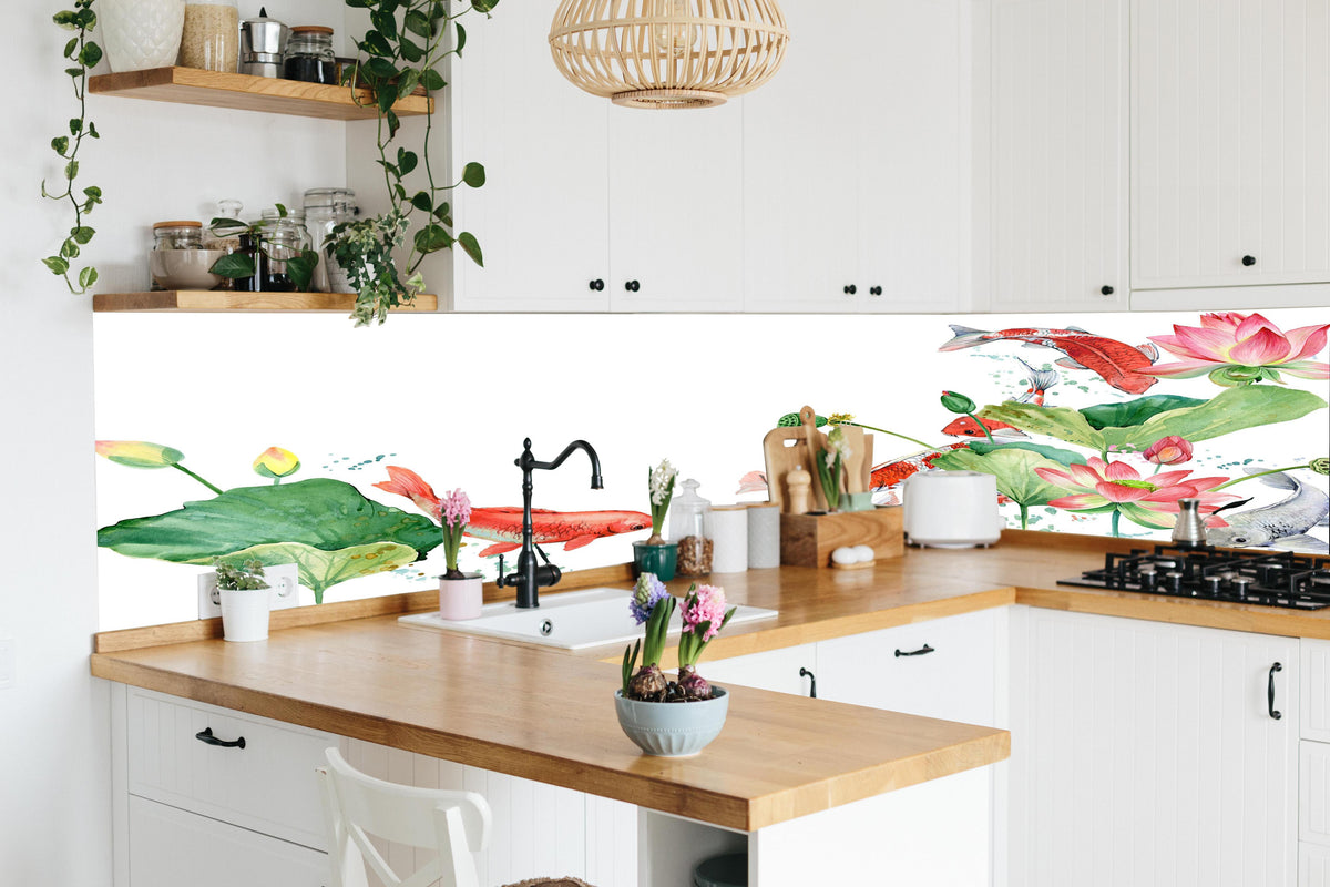Küche - Aquarell Koi Karpfen und Lotusblume in lebendiger Küche mit bunten Blumen