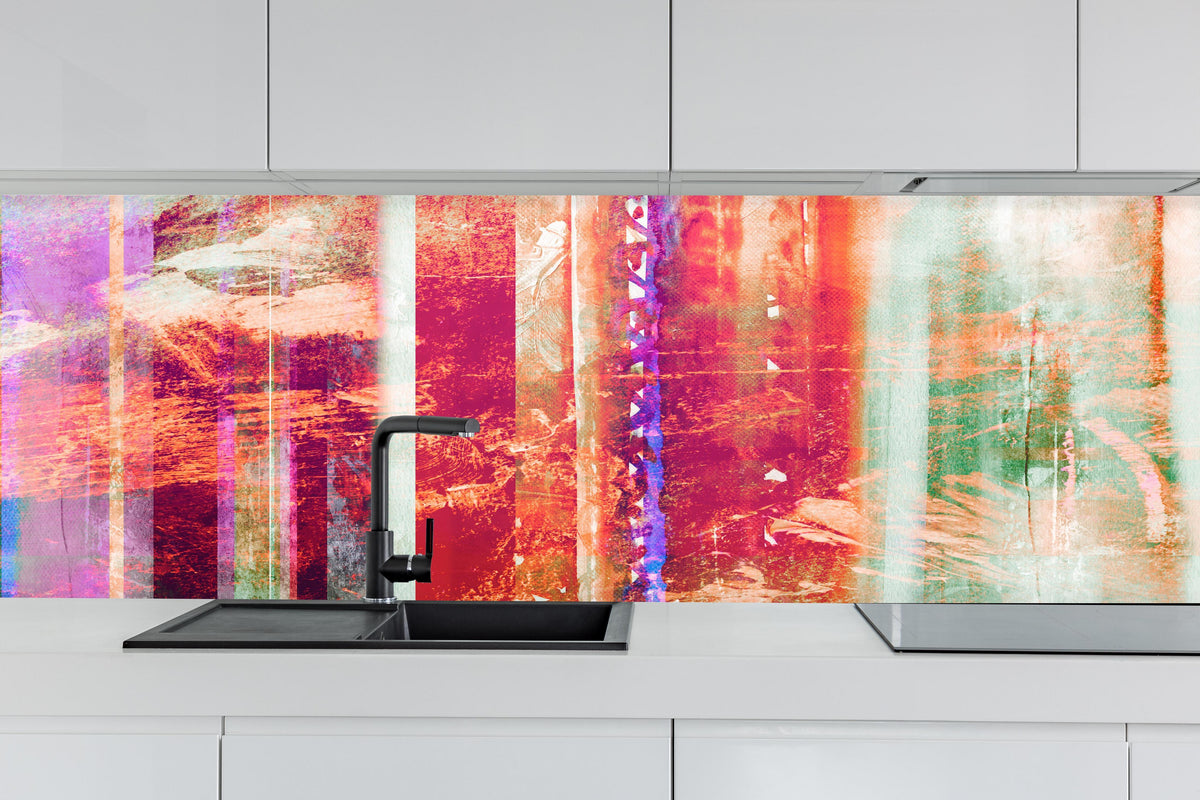 Küche - Aquarell pastellfarbige Streifen hinter weißen Hochglanz-Küchenregalen und schwarzem Wasserhahn
