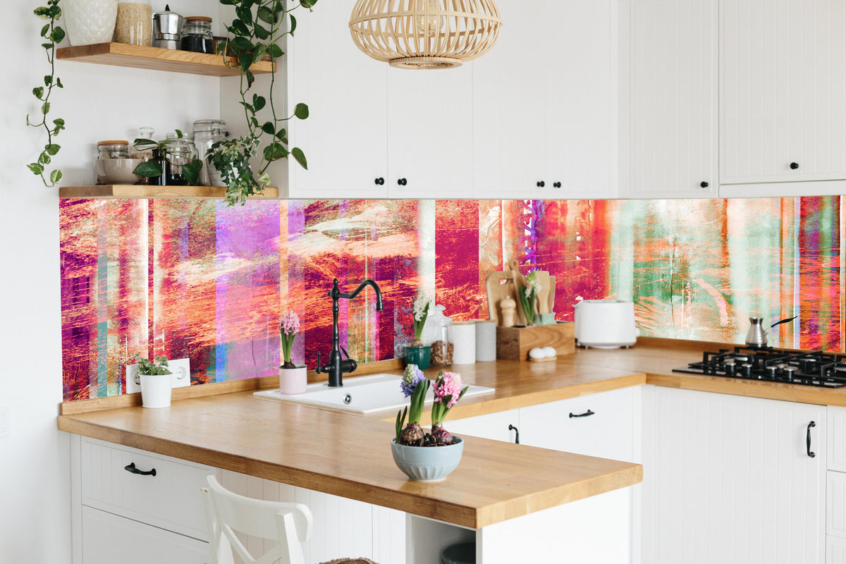 Küche - Aquarell pastellfarbige Streifen in lebendiger Küche mit bunten Blumen