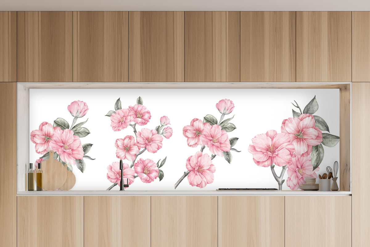 Küche - Aquarellelemente von blühenden Sakura in charakteristischer Vollholz-Küche mit modernem Gasherd