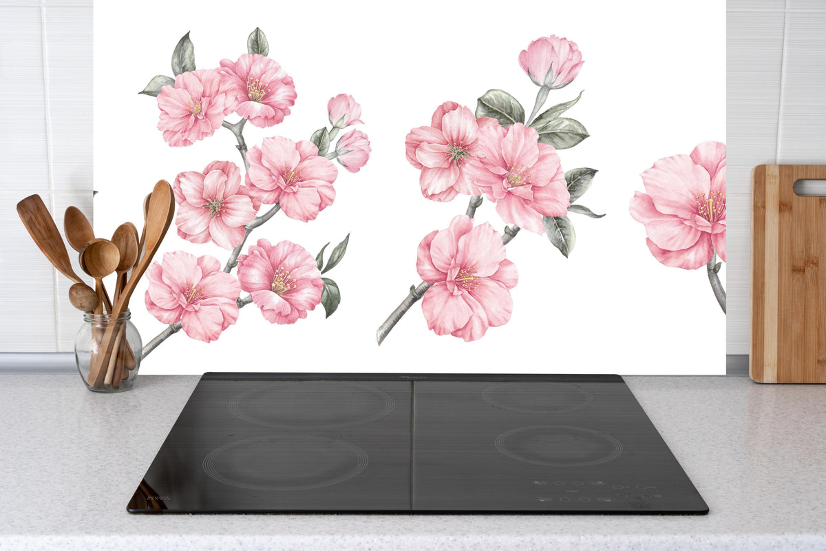 Küche - Aquarellelemente von blühenden Sakura hinter Cerankochfeld und Holz-Kochutensilien