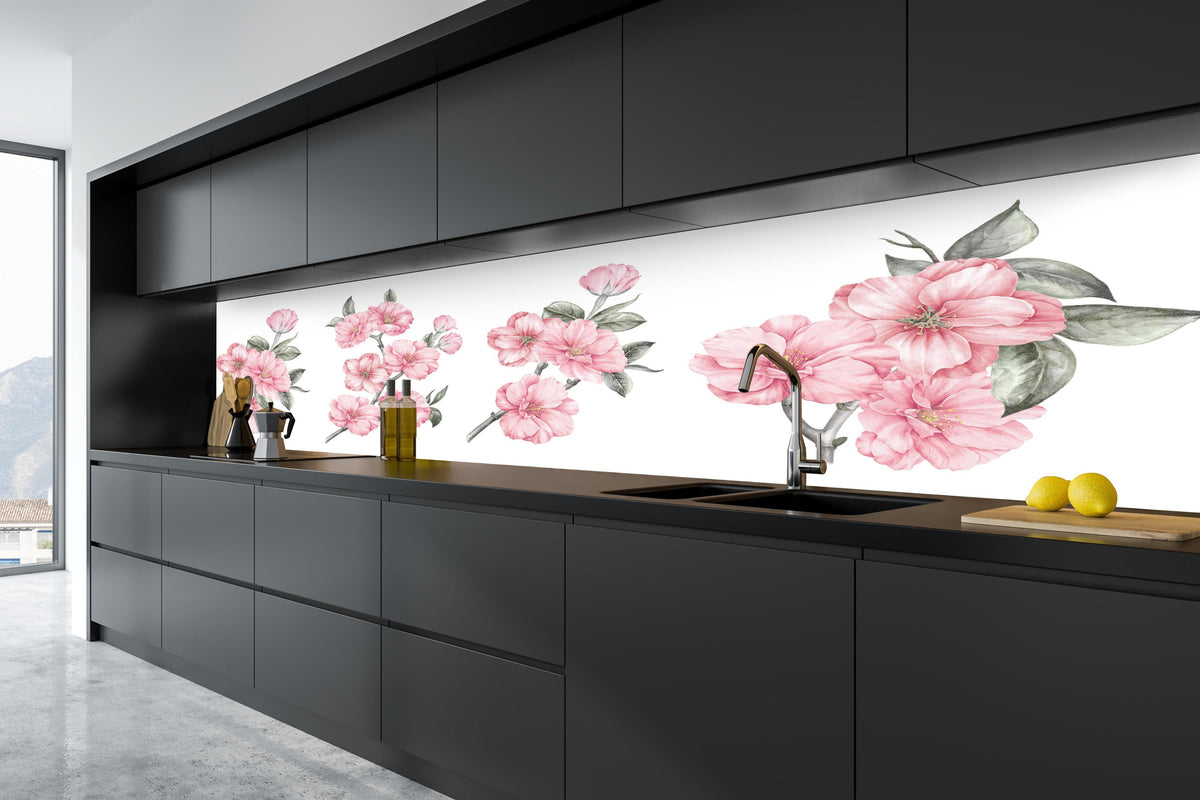 Küche - Aquarellelemente von blühenden Sakura in tiefschwarzer matt-premium Einbauküche