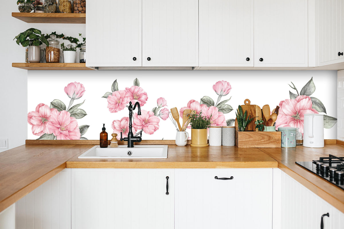 Küche - Aquarellelemente von blühenden Sakura in weißer Küche hinter Gewürzen und Kochlöffeln aus Holz