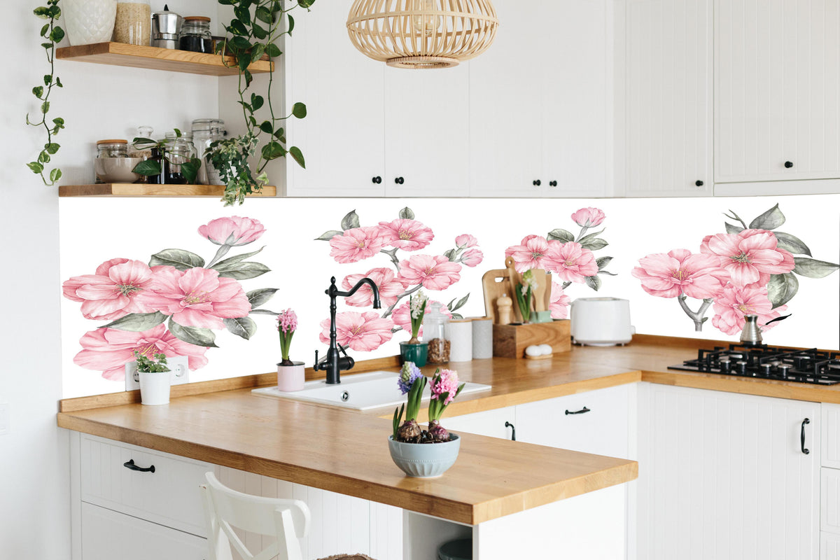 Küche - Aquarellelemente von blühenden Sakura in lebendiger Küche mit bunten Blumen