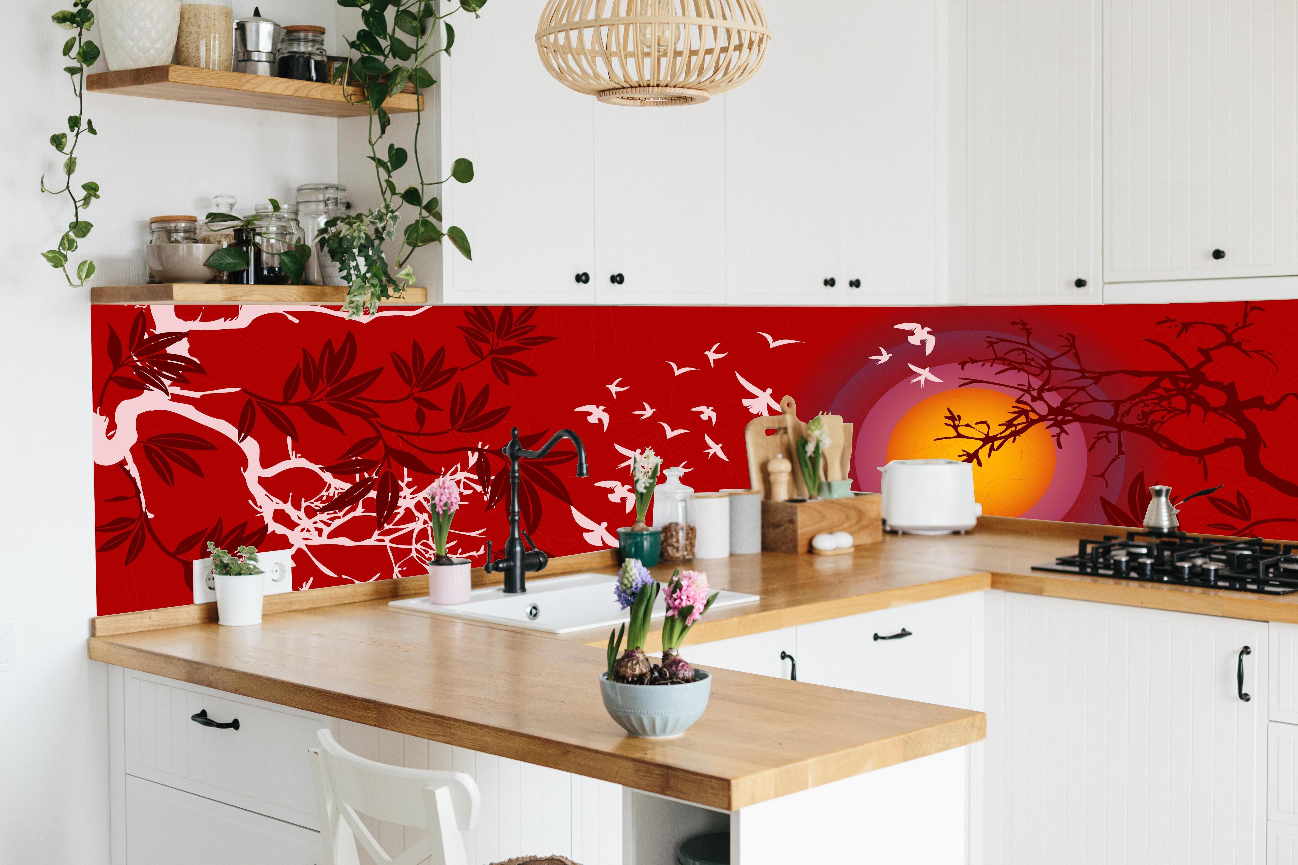 Küche - Asiatischer Sonnenuntergang Rot in lebendiger Küche mit bunten Blumen