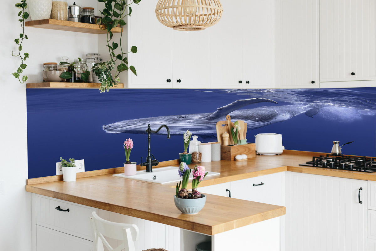 Küche - Baby-Buckelwal-Kalb im blauen Wasser in lebendiger Küche mit bunten Blumen