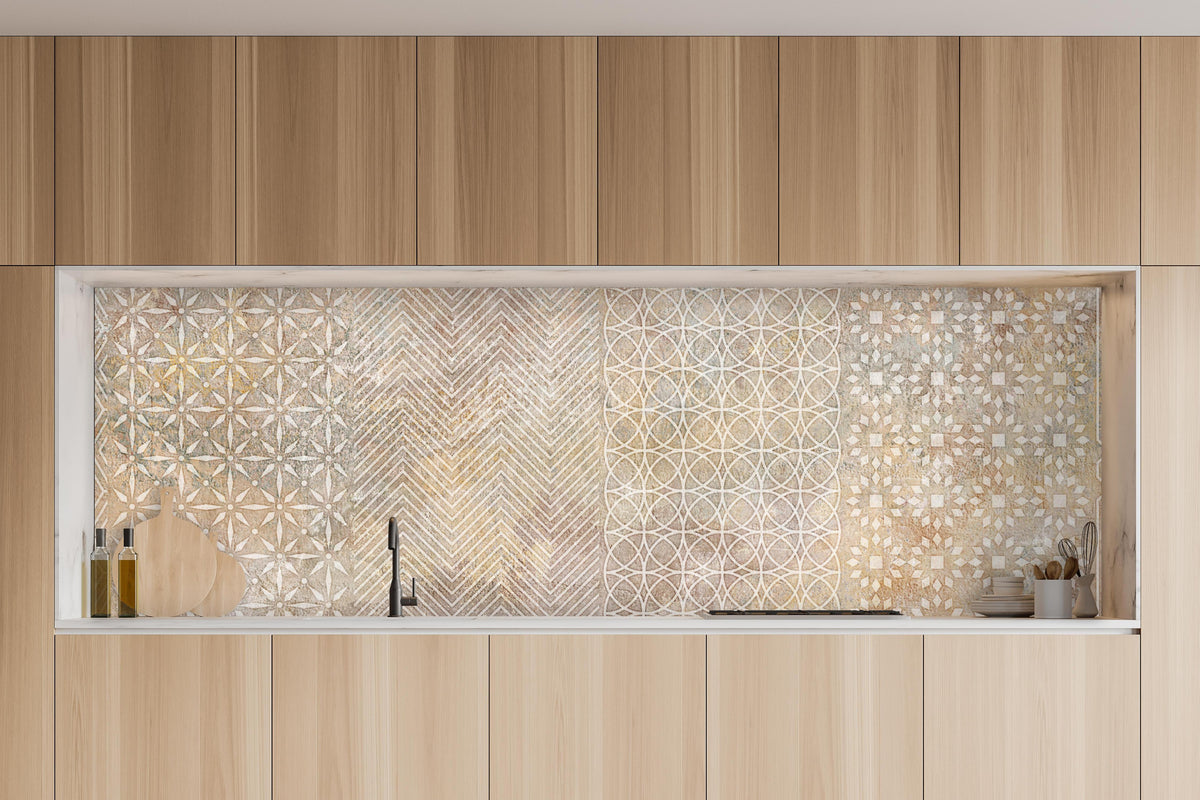Küche - Betonstein Mosaikfliesen Zement in charakteristischer Vollholz-Küche mit modernem Gasherd