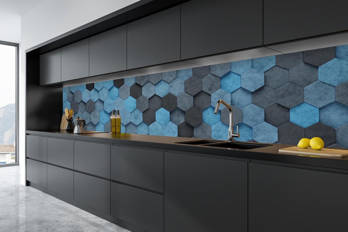 Küche - Blaues Sechseck 3D Muster in tiefschwarzer matt-premium Einbauküche