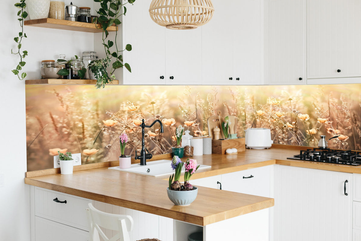 Küche - Blumenfeld mit Sonnenstrahlen in lebendiger Küche mit bunten Blumen