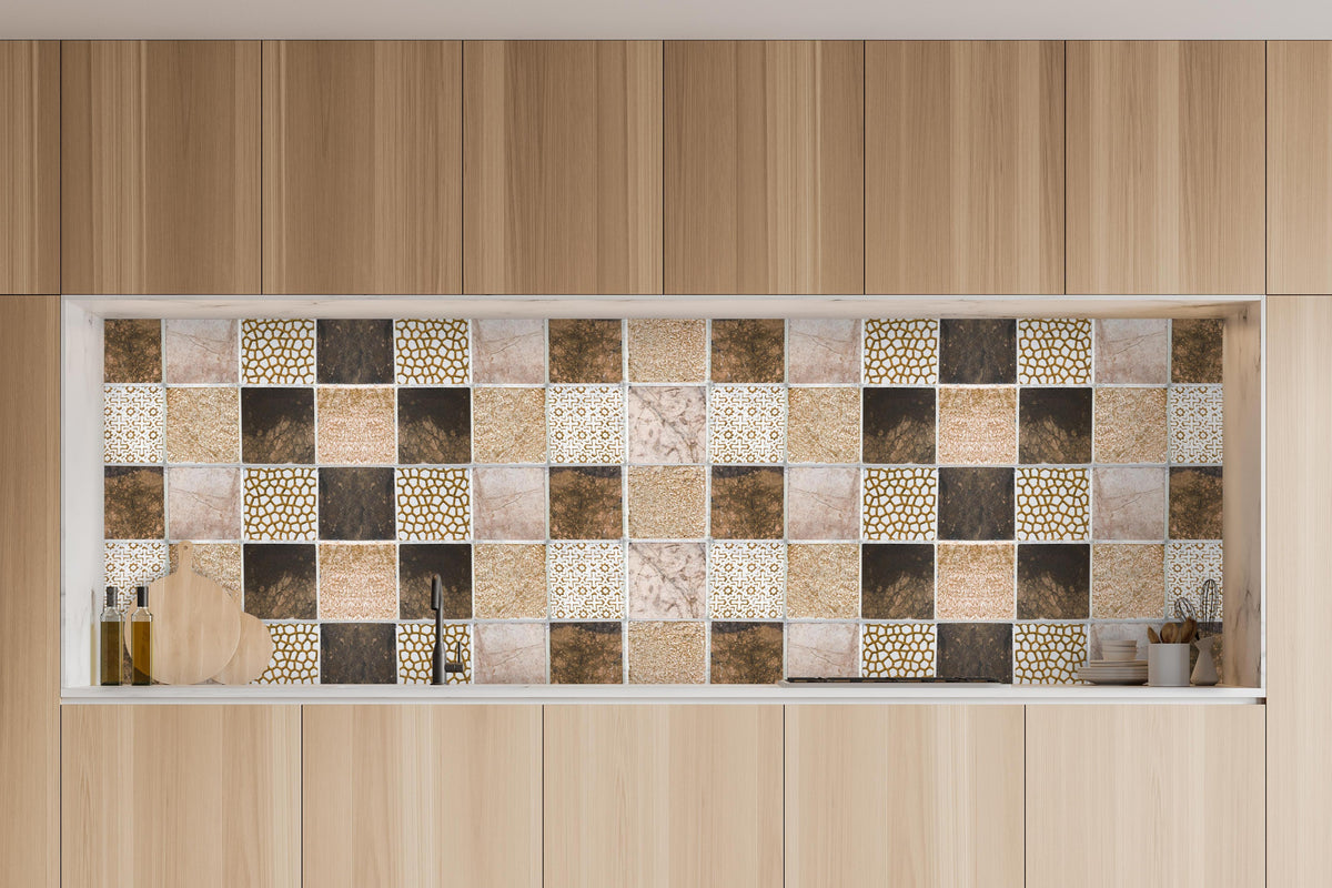Küche - Bräunliche quadratische Mosaiktextur  in charakteristischer Vollholz-Küche mit modernem Gasherd