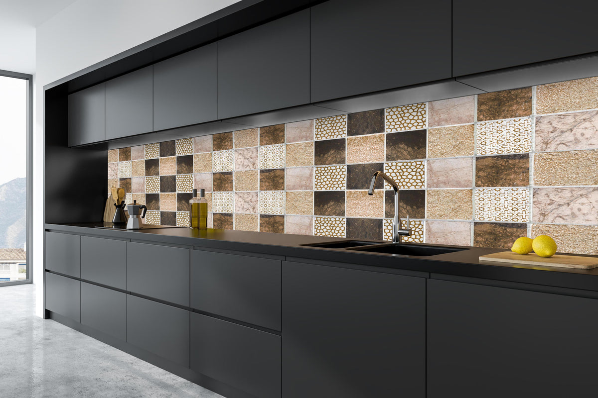 Küche - Bräunliche quadratische Mosaiktextur  in tiefschwarzer matt-premium Einbauküche