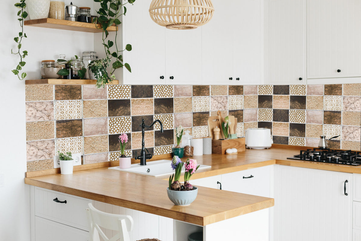 Küche - Bräunliche quadratische Mosaiktextur  in lebendiger Küche mit bunten Blumen